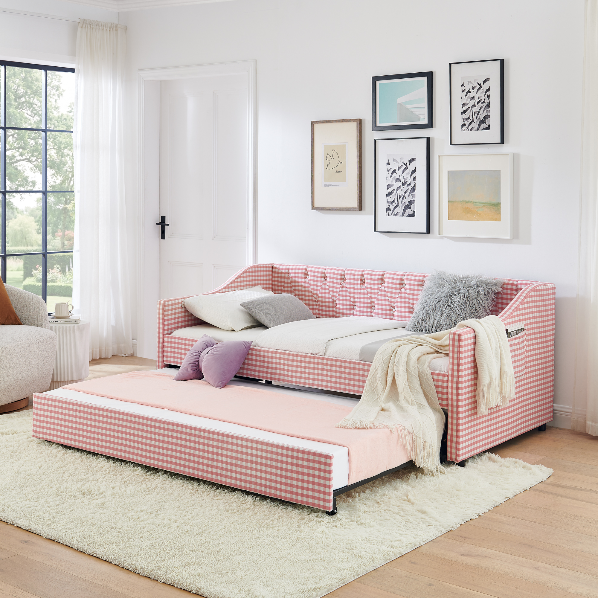 Lit pavé simple convertible rose, futon rangement latéral