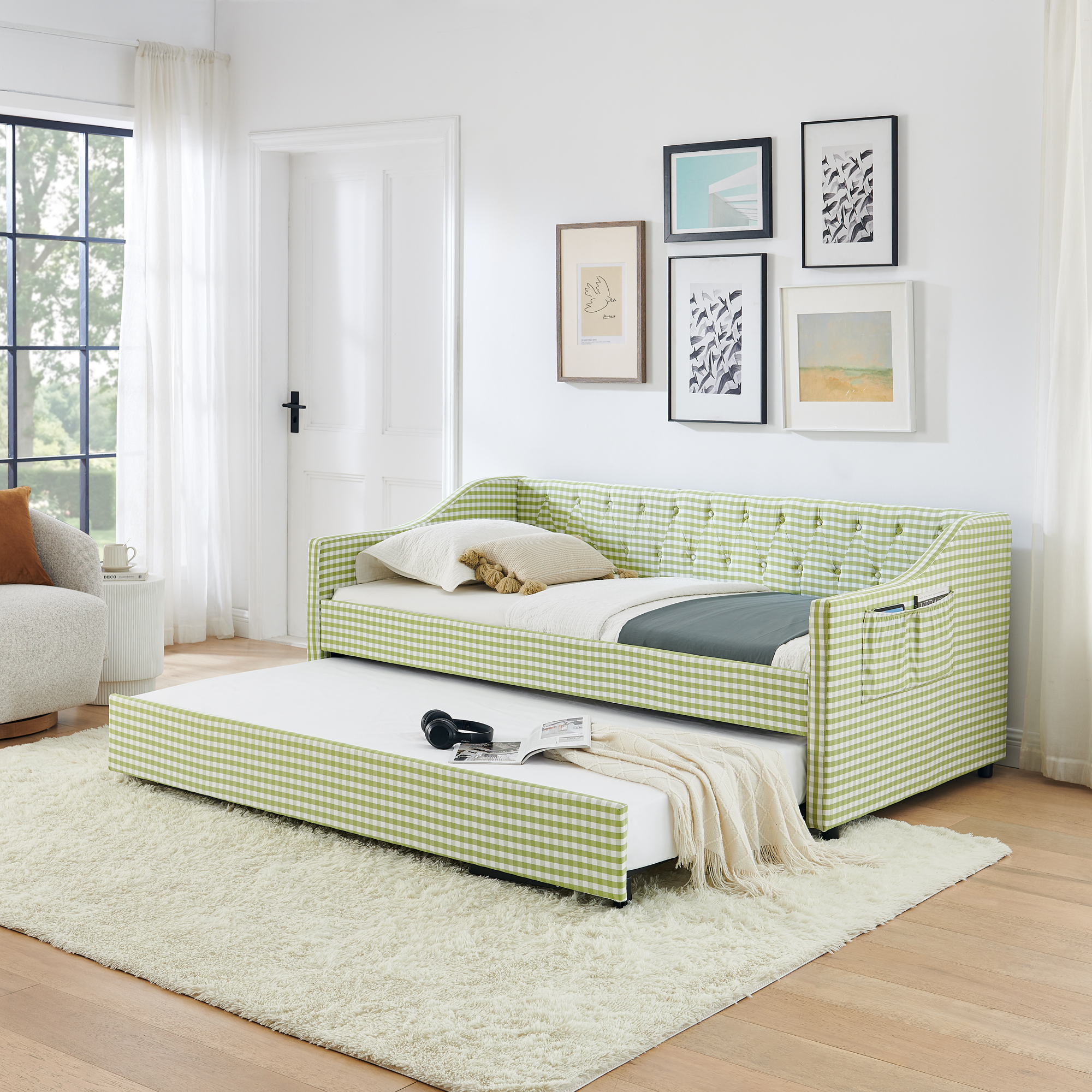 Lit de jour simple convertible, rangement, vert