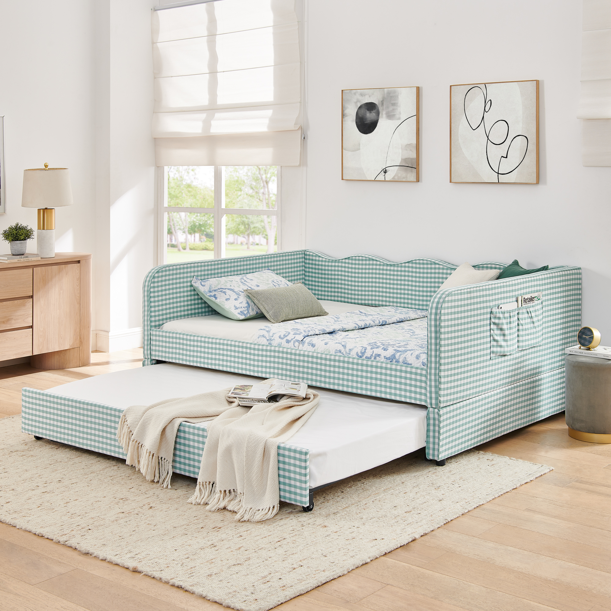 Lit Repos Format Complet Carreaux Convertible 3 en 1 Trundle Cyan