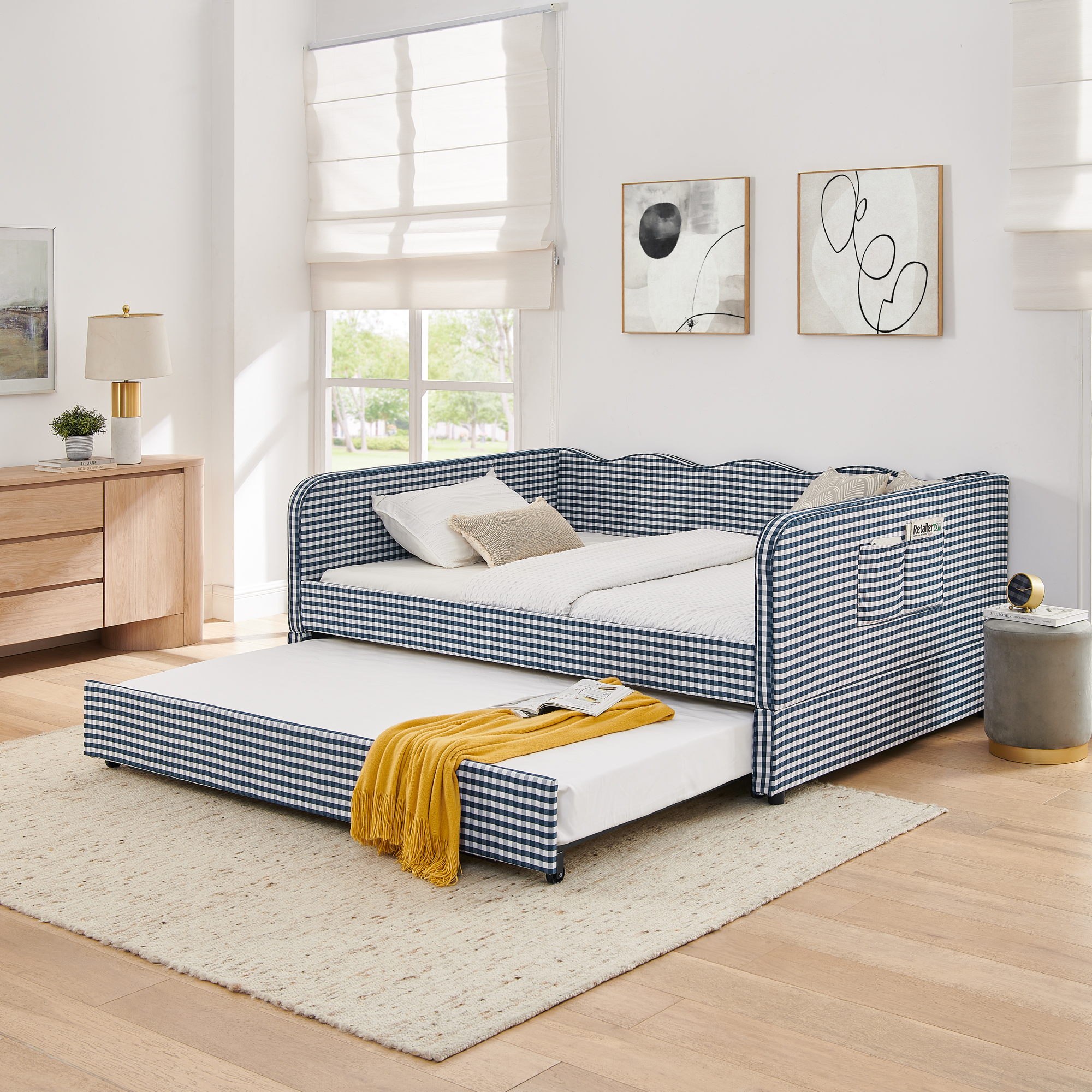 Causeuse taille queen carreaux, convertible ottoman, bleu foncé