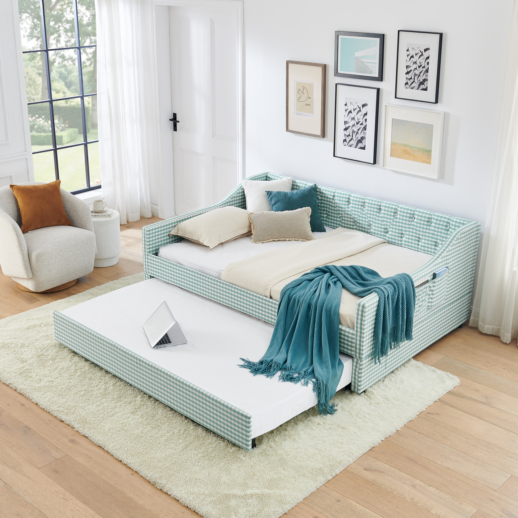Lit Repos Format Complet Rembourré Convertible Boutons Capitonnés Cyan