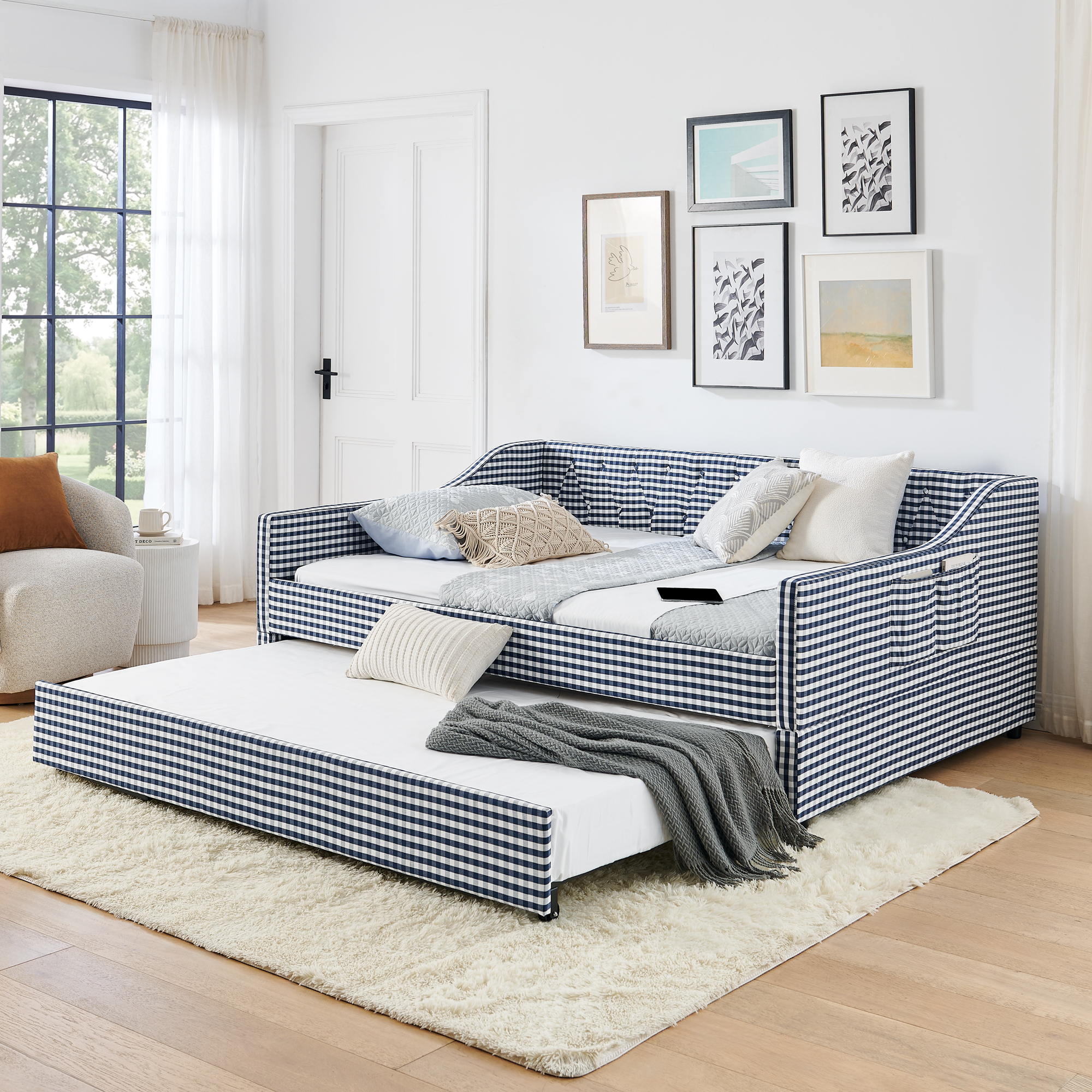 Lit futon complet capitonné, tiroir traîneau, bleu foncé