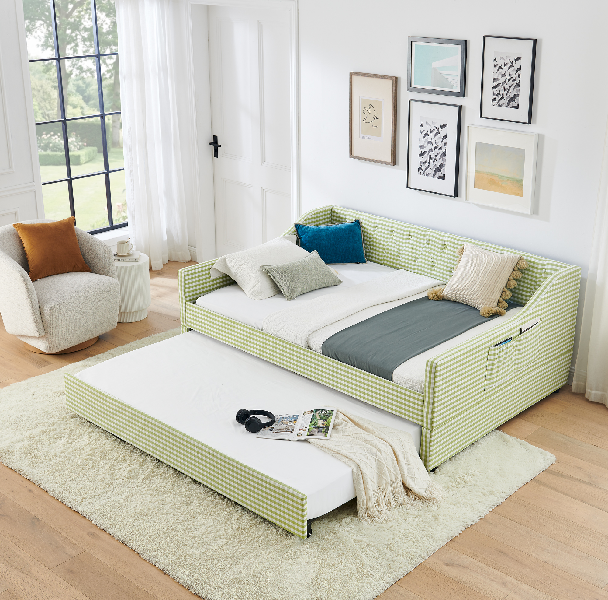 Lit Repos Format Complet Rembourré Convertible Boutons Capitonnés Vert