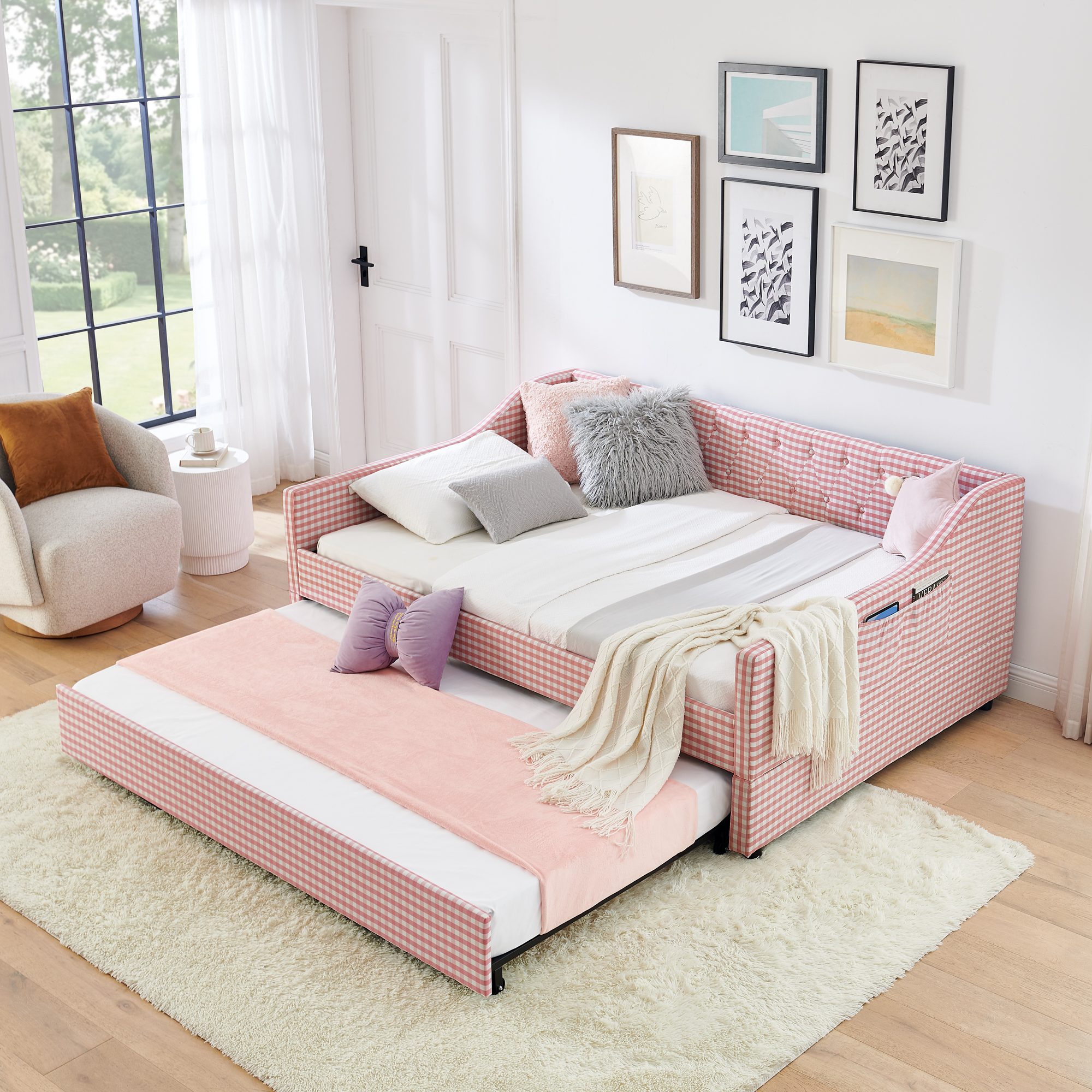 Lit futon complet capitonné, tiroir traîneau, rose