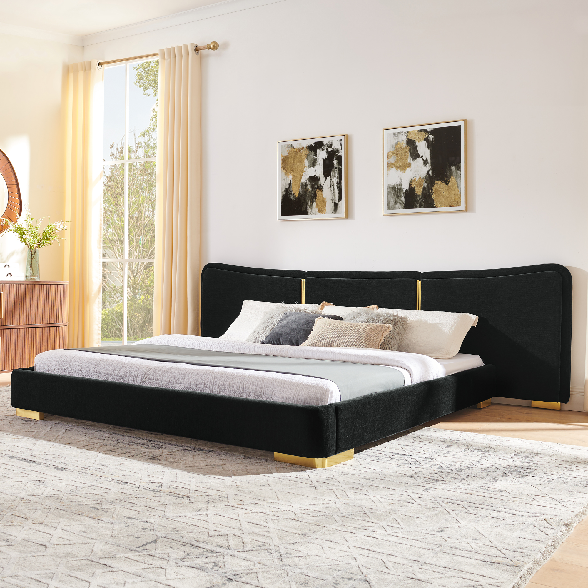 Lit plateforme très grand format grand lit tissu chenille doux, dosseret incurvé, pieds métal électroplaqué