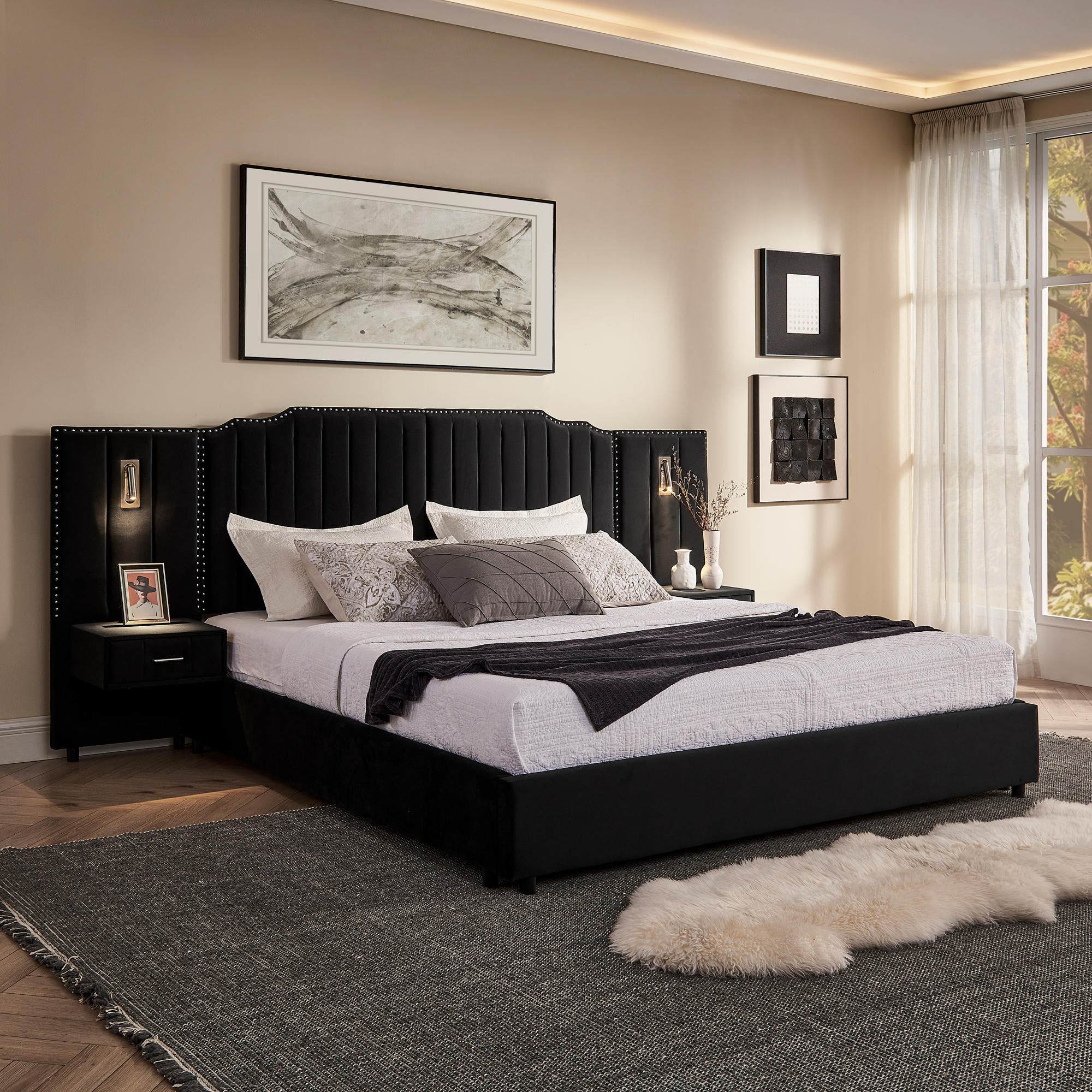 Lit King velours rayures verticales sans ressort noir