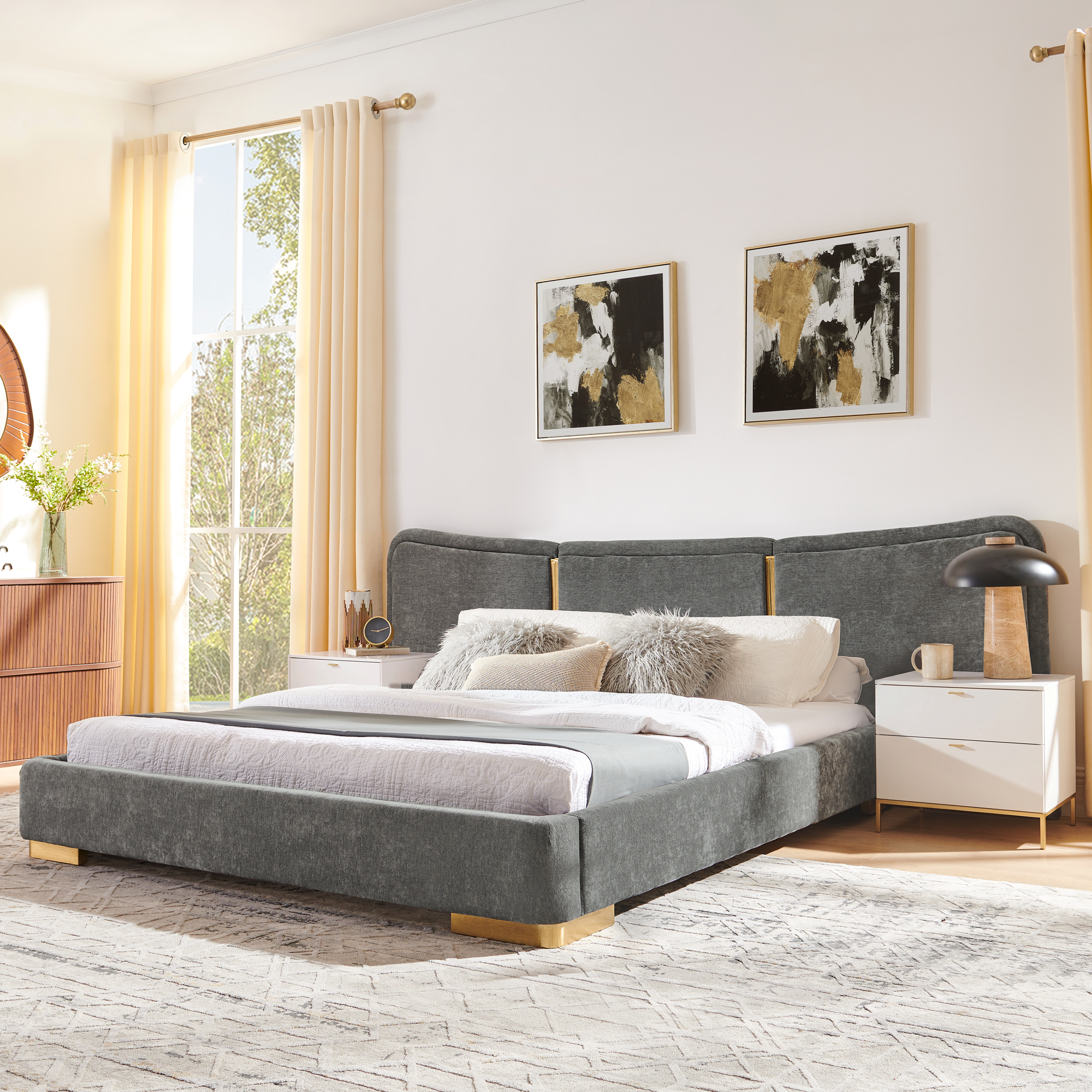 Lit plateau Queen extra grand - Tissu chenille, dosseret courbe gris