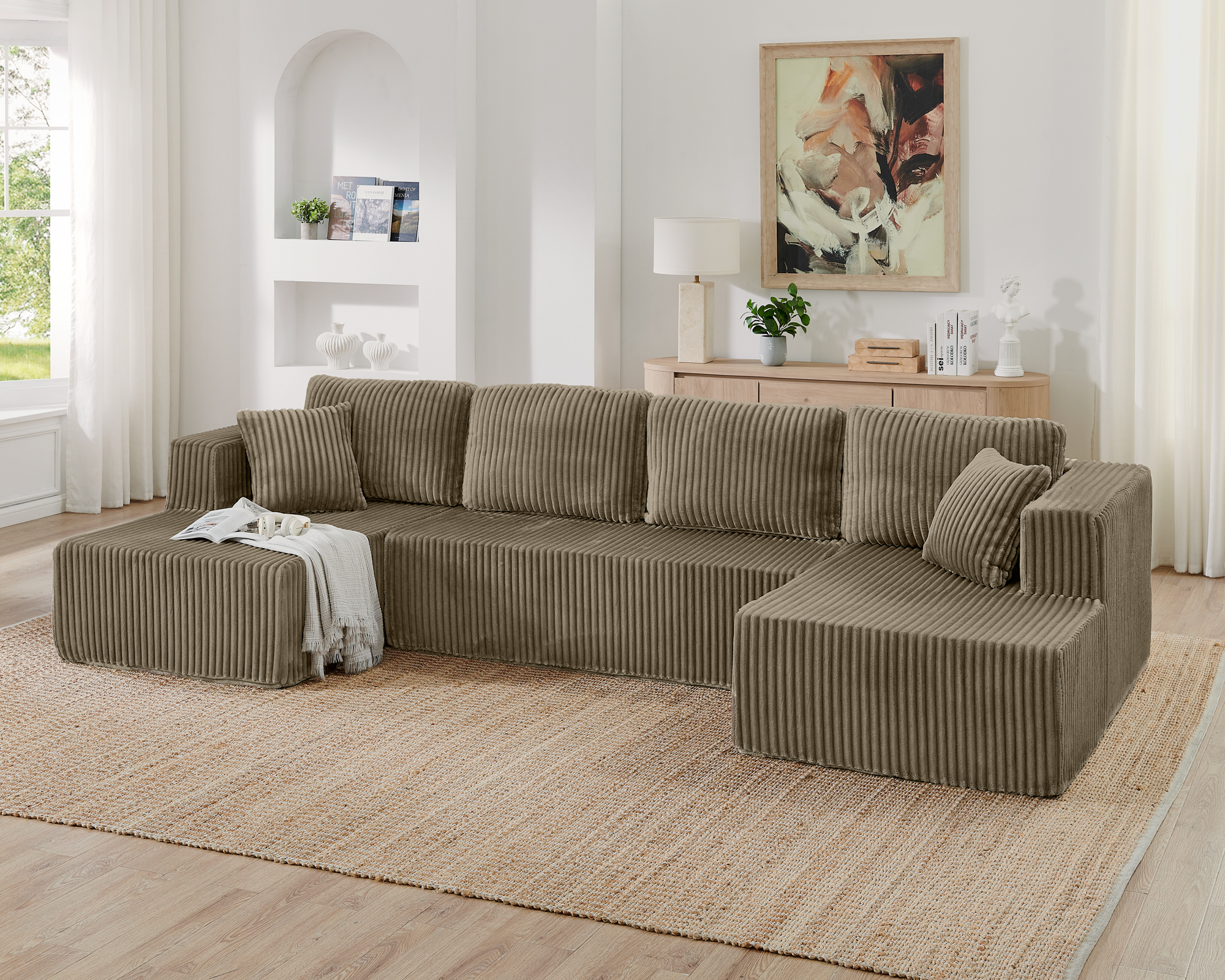 Canapé sectionnel U modulaire cordonnier compressé brun design épuré