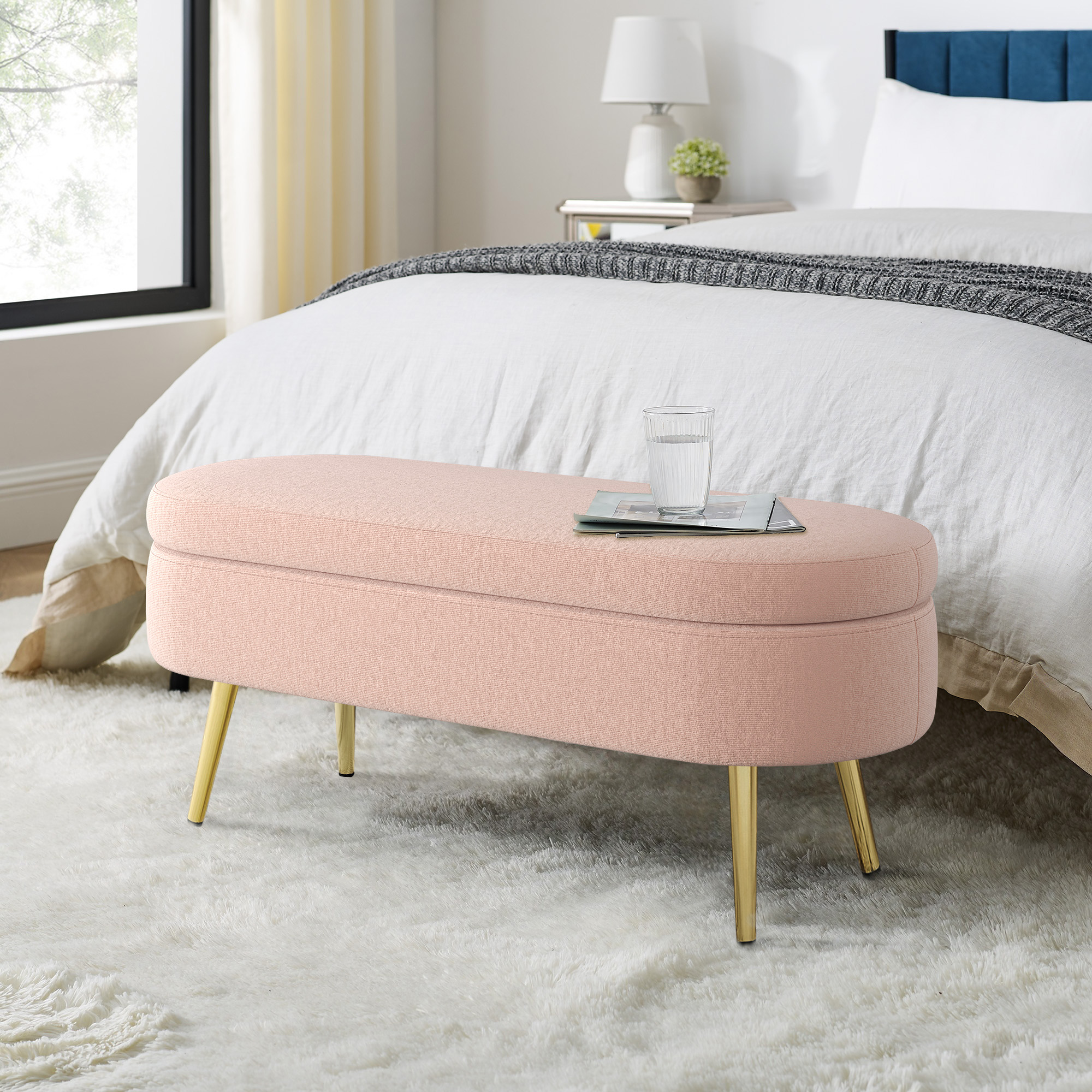 Pouf rangement ovale flanelle pieds métal rose 43.5x16x16