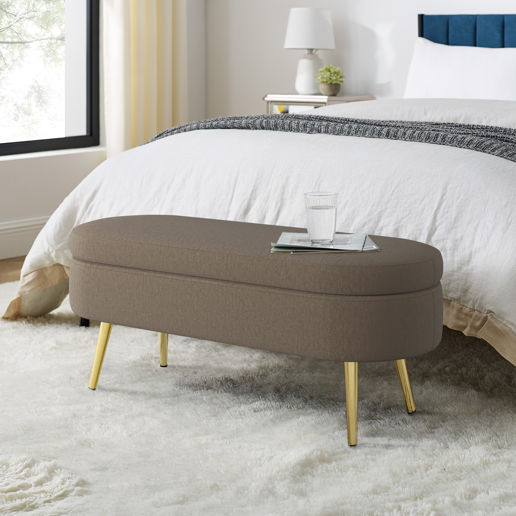 Pouf rangement ovale flanelle pieds métal brun 43.5x16x16