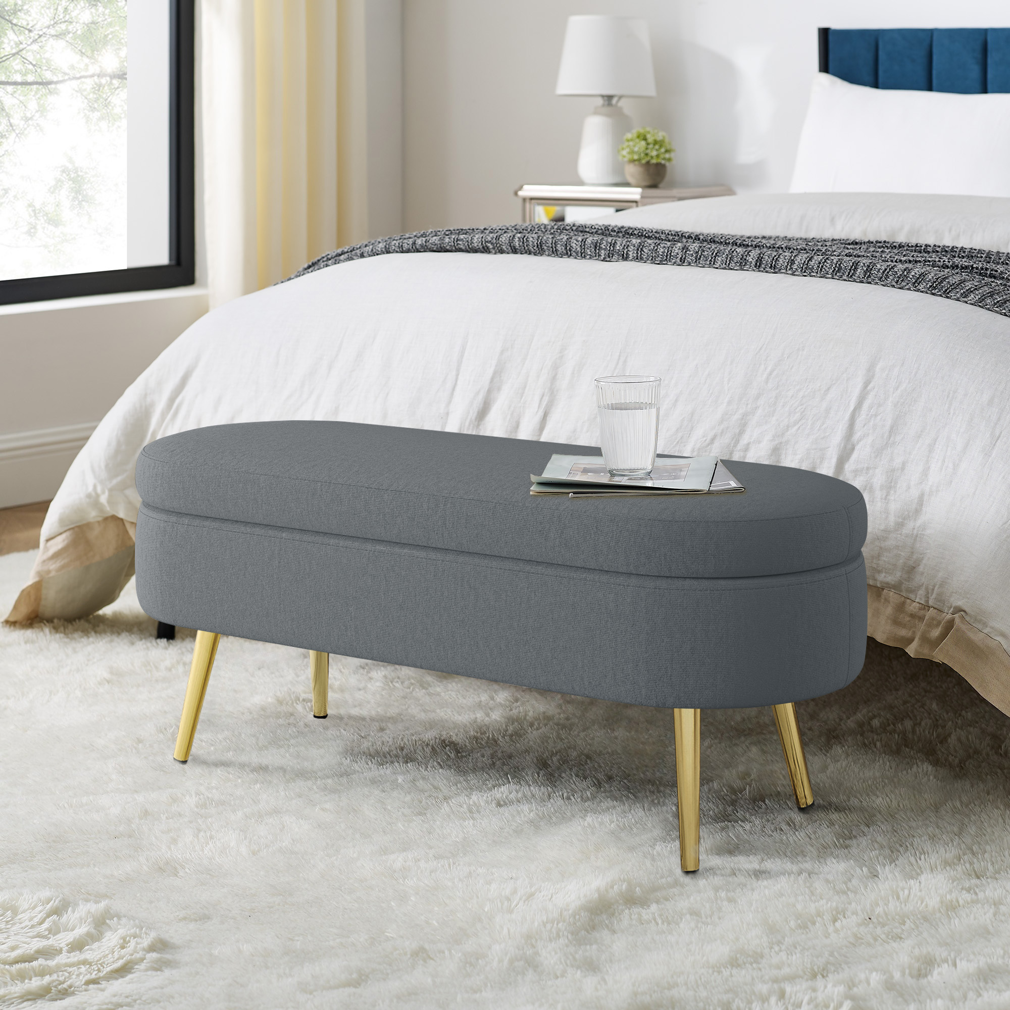Banc de rangement ovale, flanelle gris foncé 43,5 x 16 x 16 po
