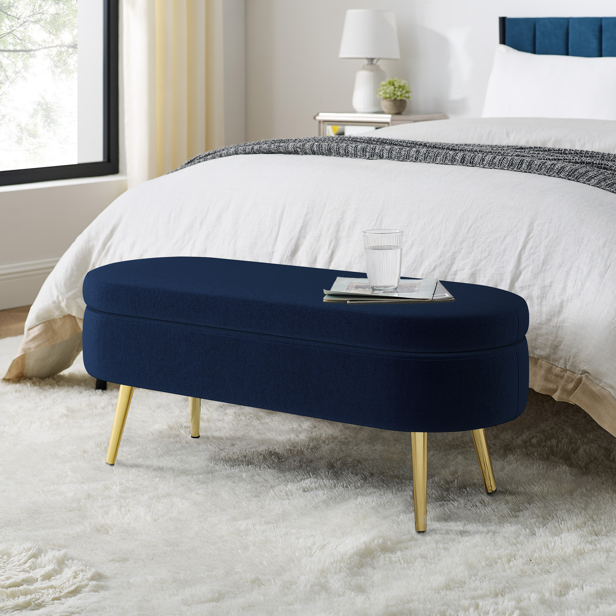 Pouf rangement ovale flanelle pieds métal bleu foncé 43.5x16x16