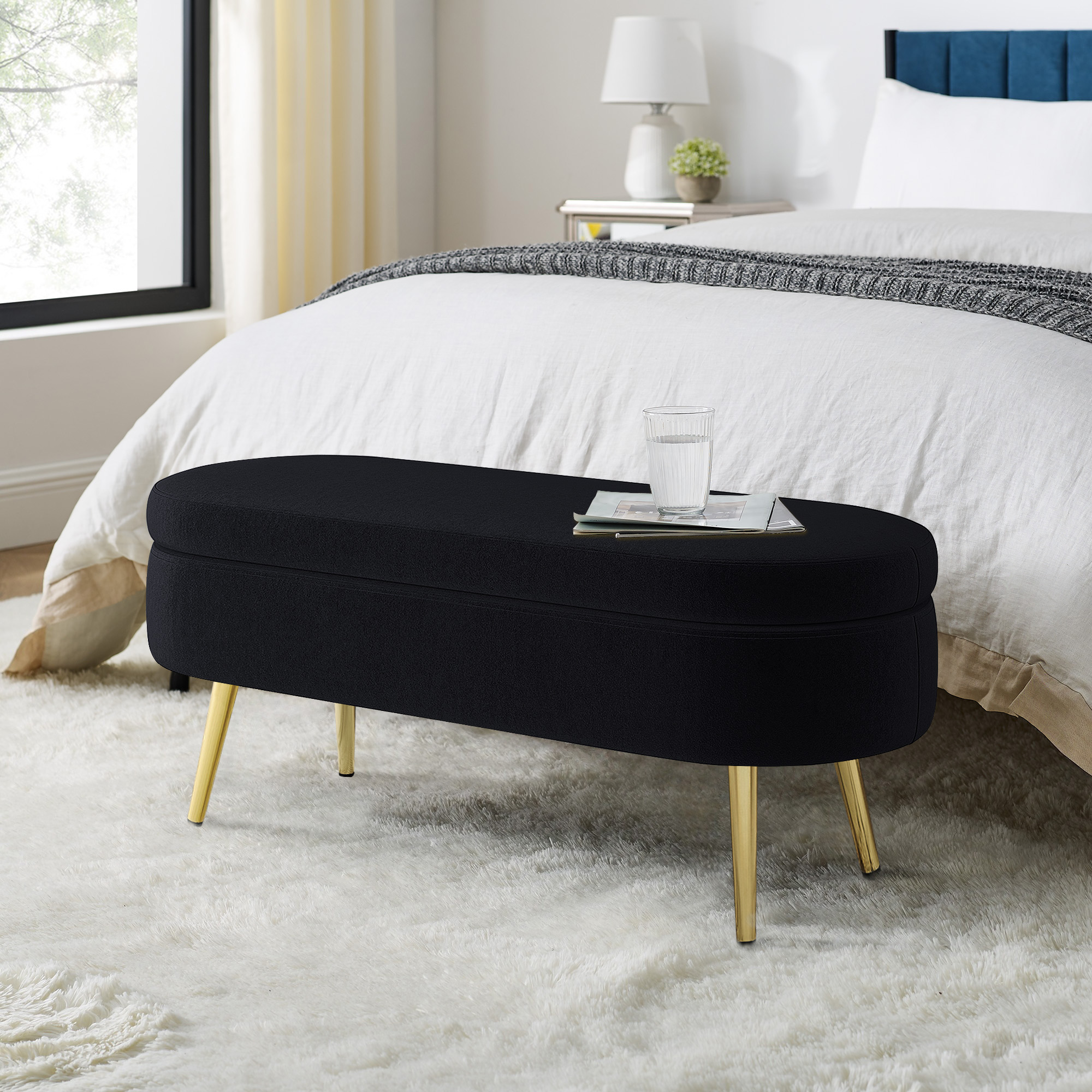 Pouf rangement ovale flanelle pieds métal noir 43.5x16x16