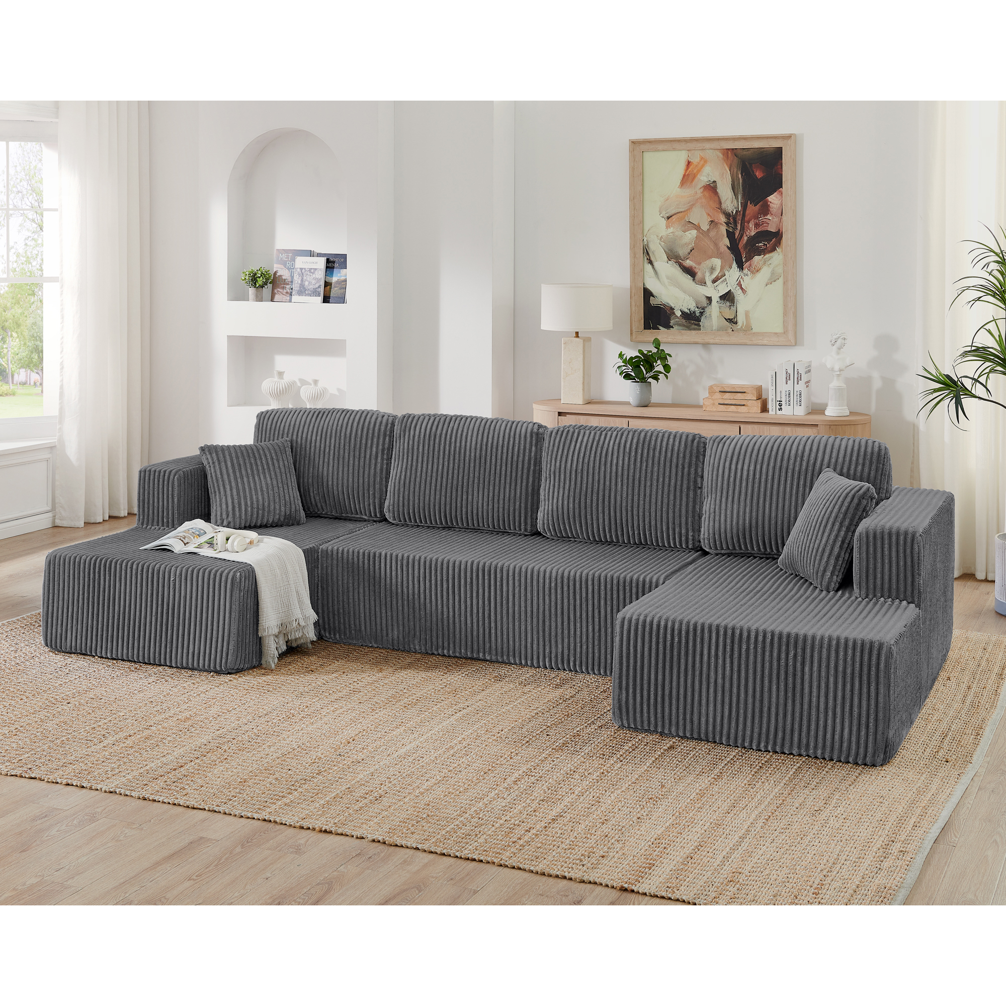 Canapé sectionnel U gris velours côtelé modulaire convertible