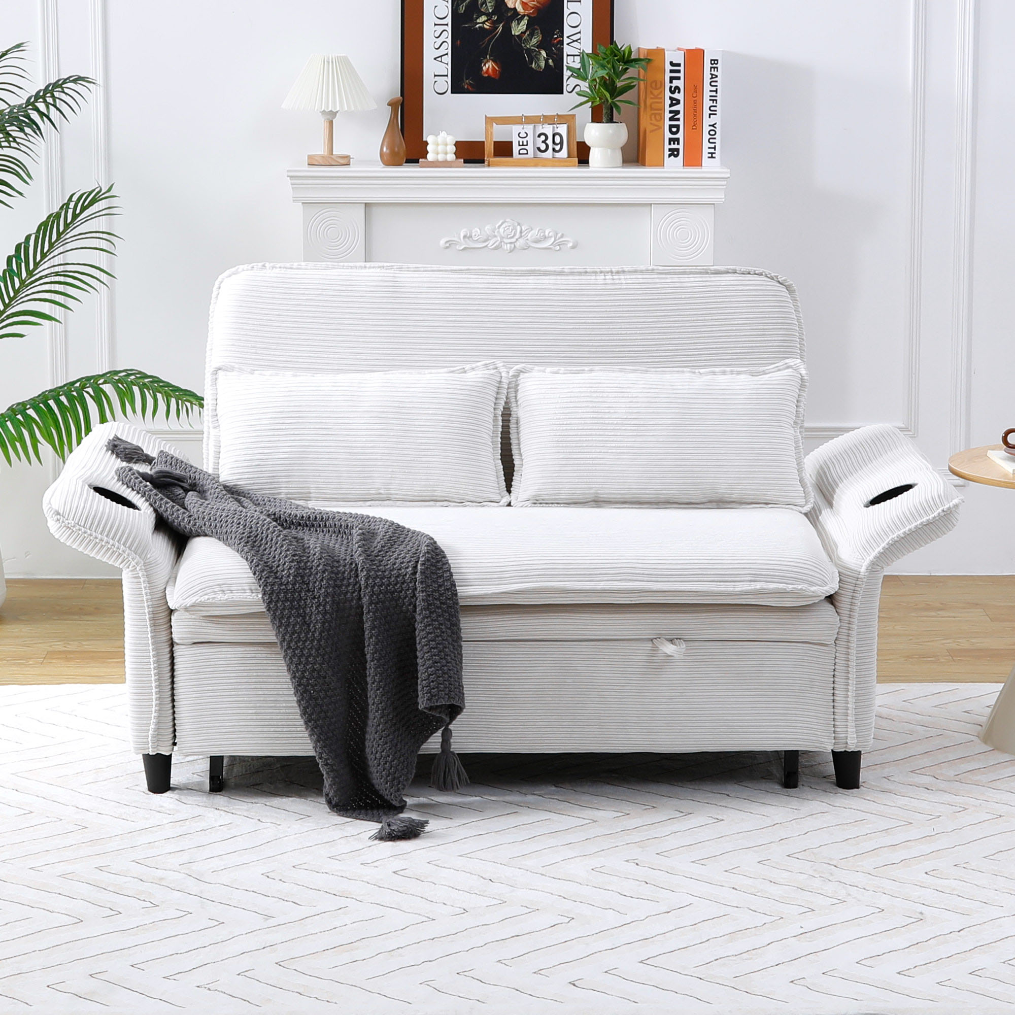 Sofa lit rayé beige 65,74po ajustable