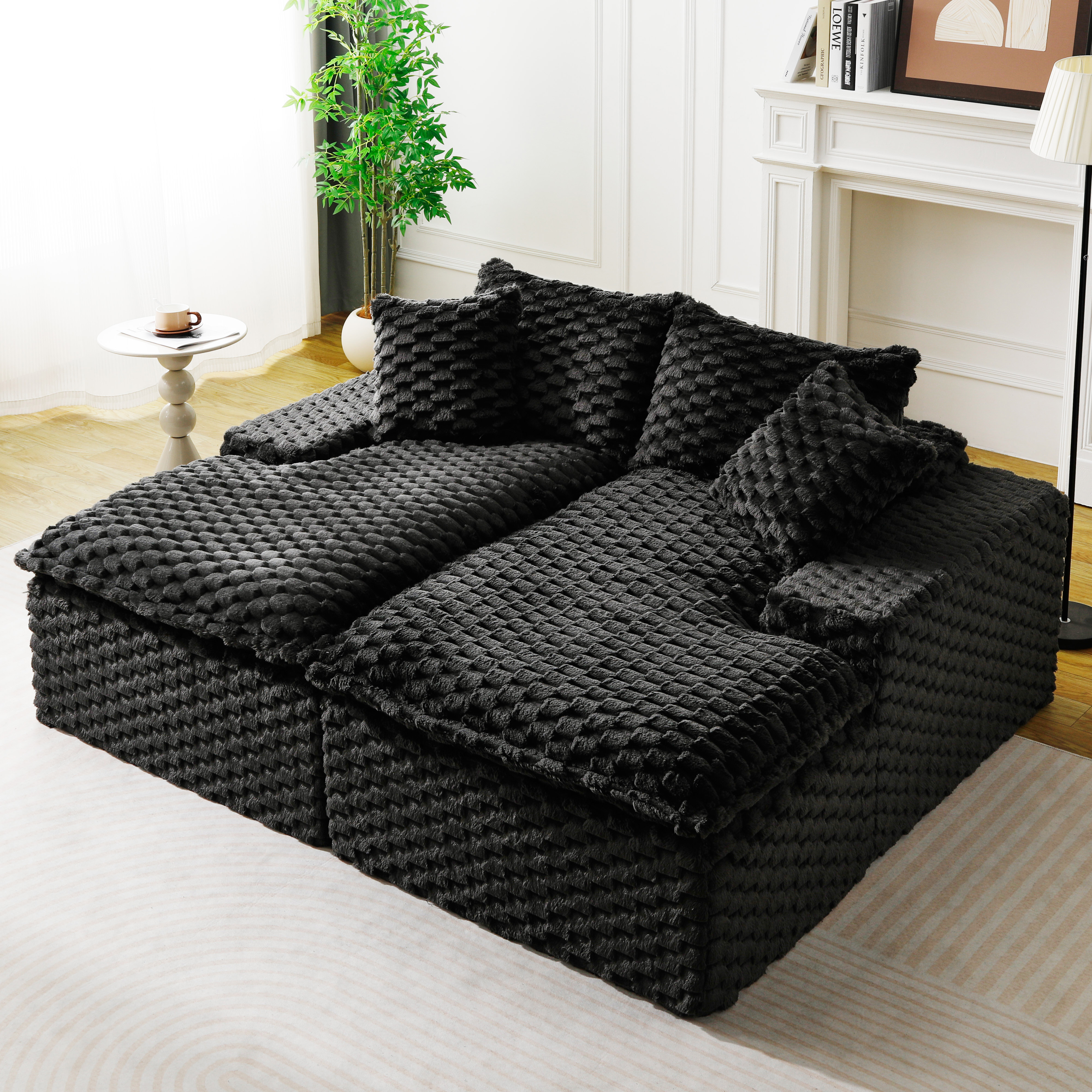 Méridienne double velours noir tortue, sofa multifonction