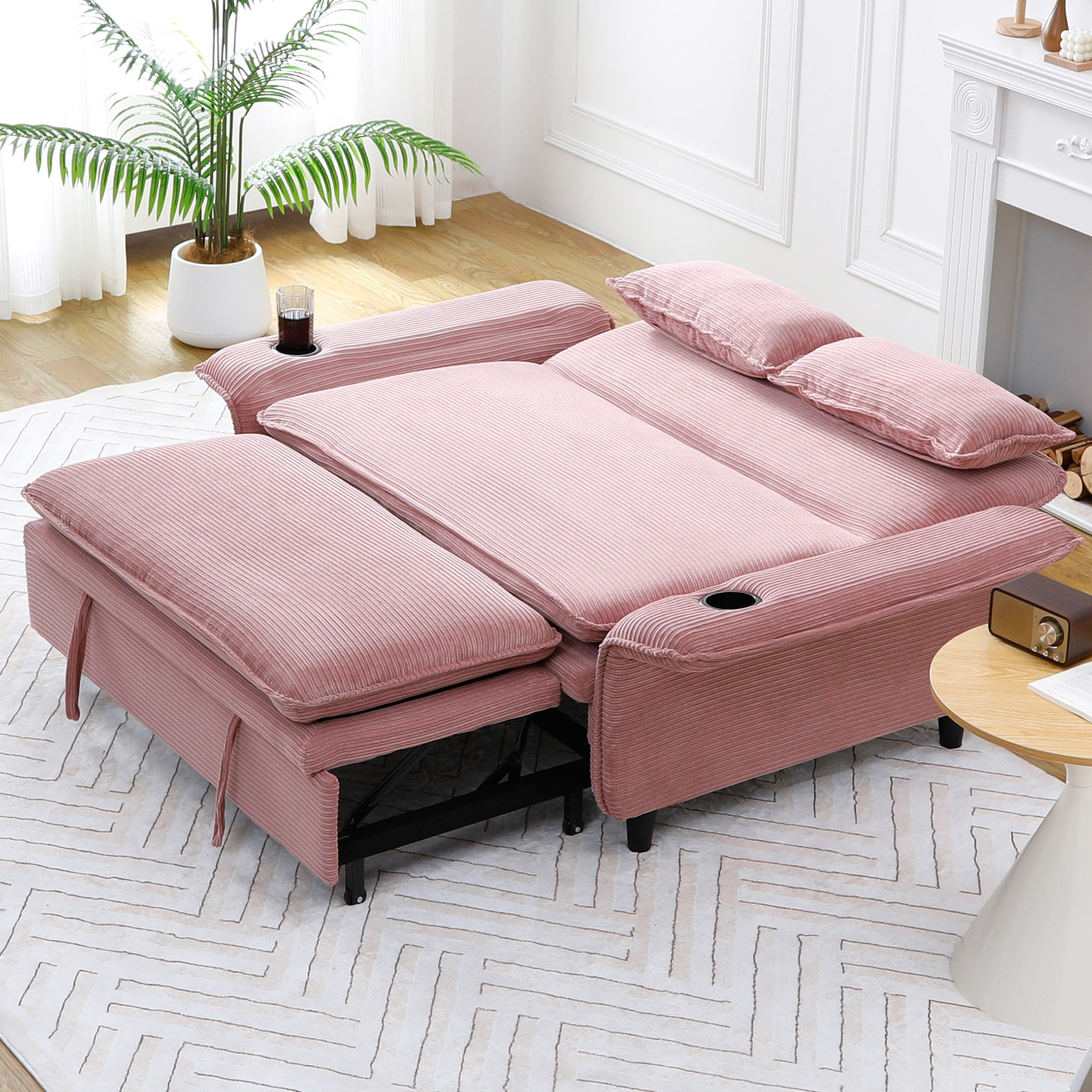 Sofa lit rayé rose 65,74po ajustable