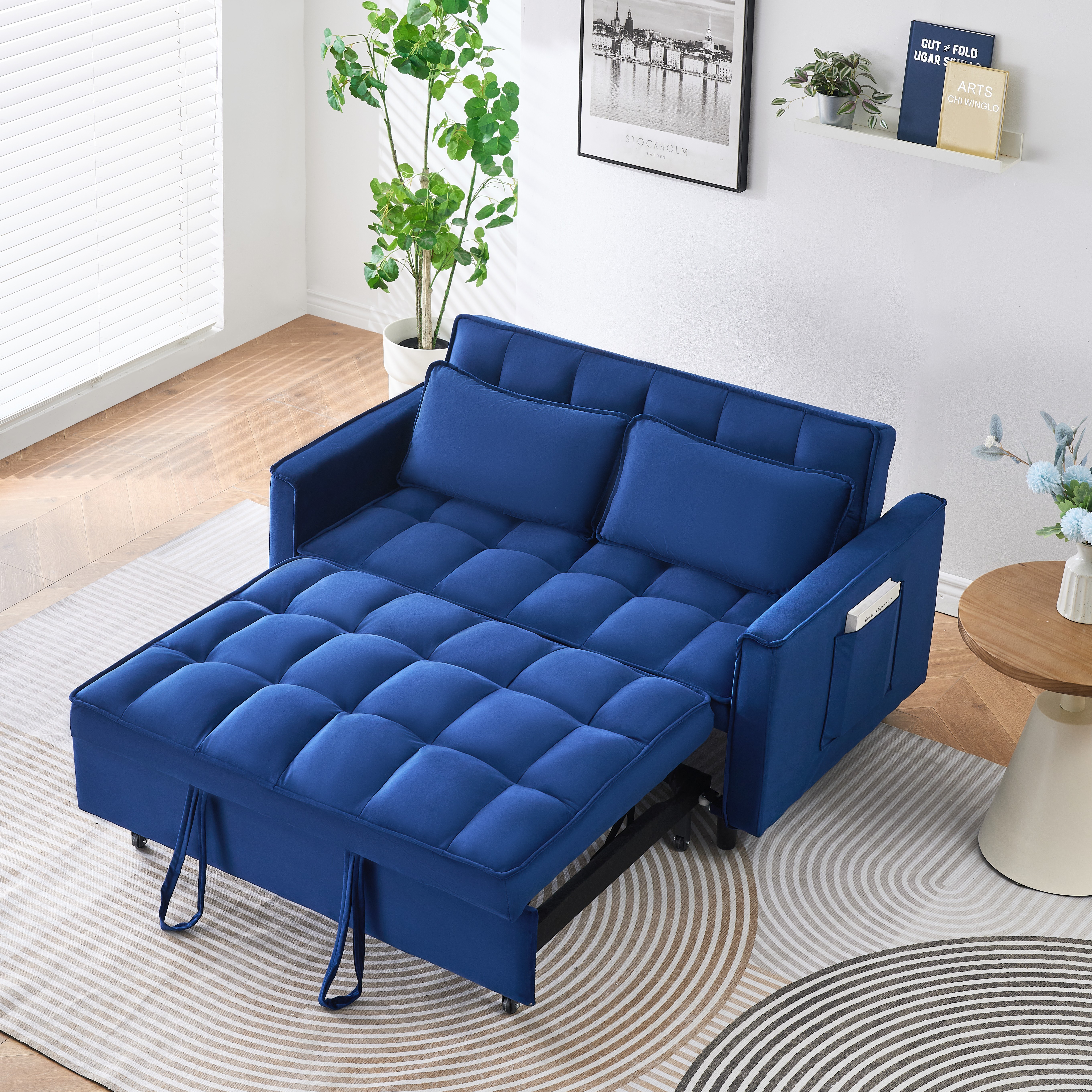 Sofa bleu velours 55 po convertible 3-en-1 poches