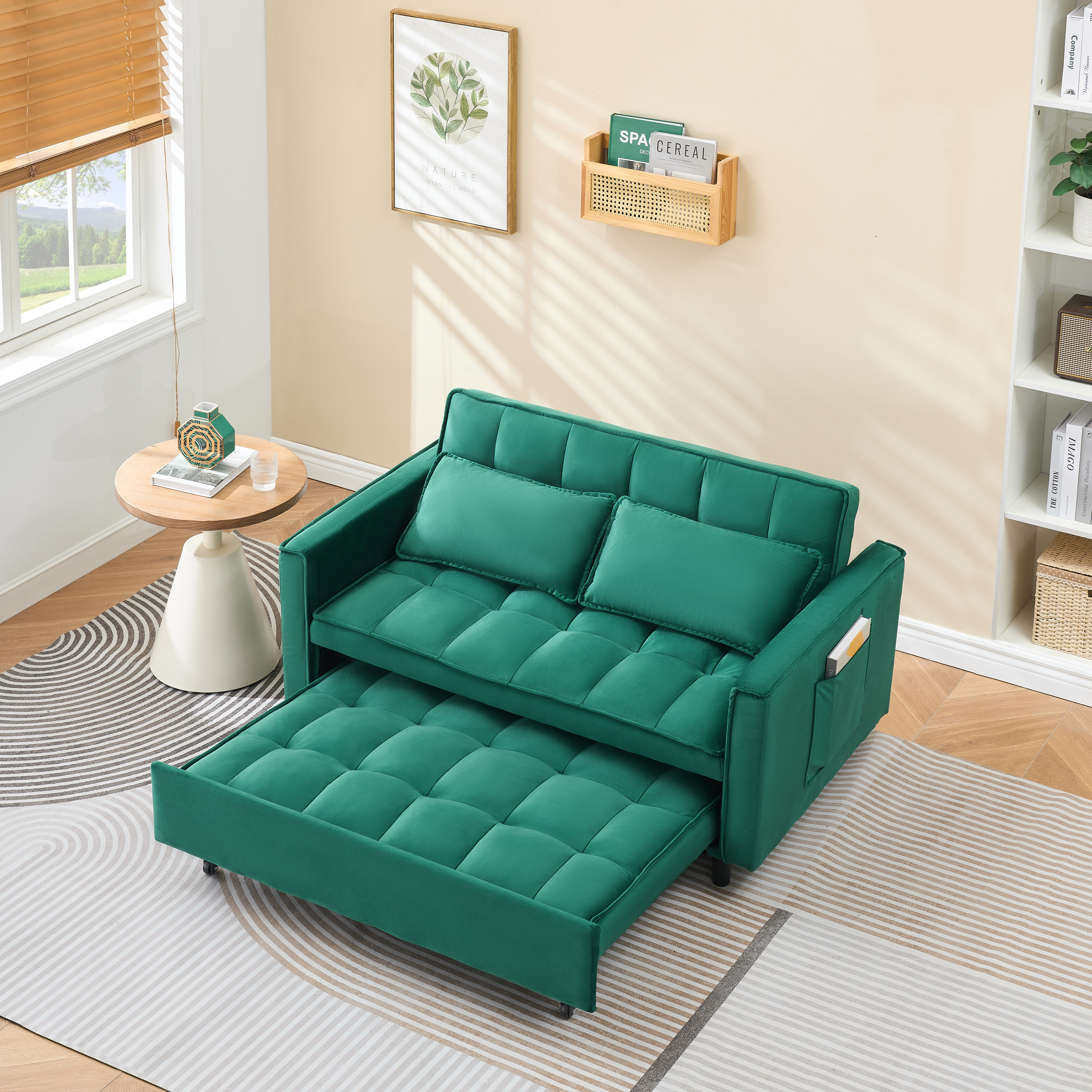 Sofa velours vert 55 po convertible 3-en-1 poches
