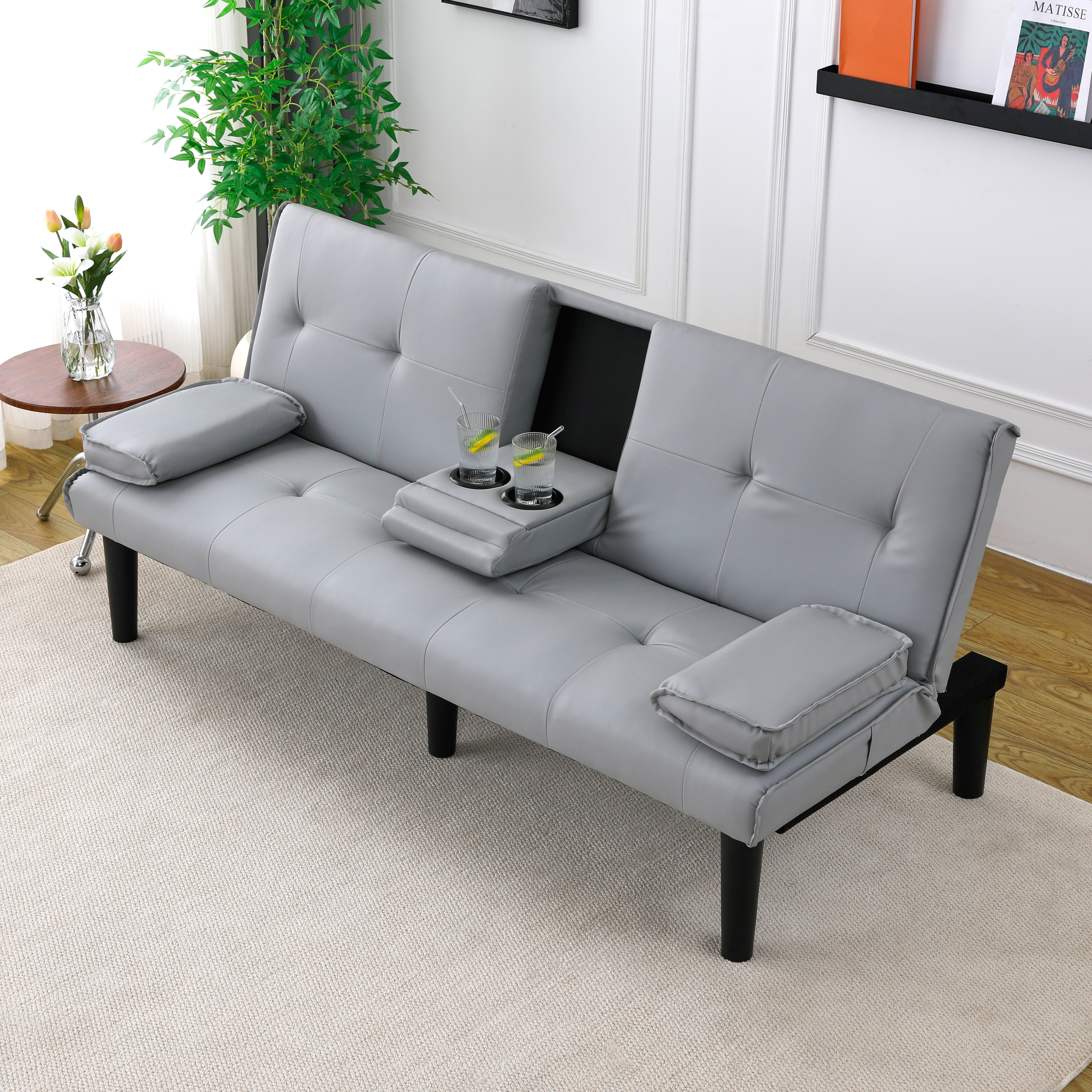 Causeuse convertible PVC gris 67", porte-gobelet, pliable