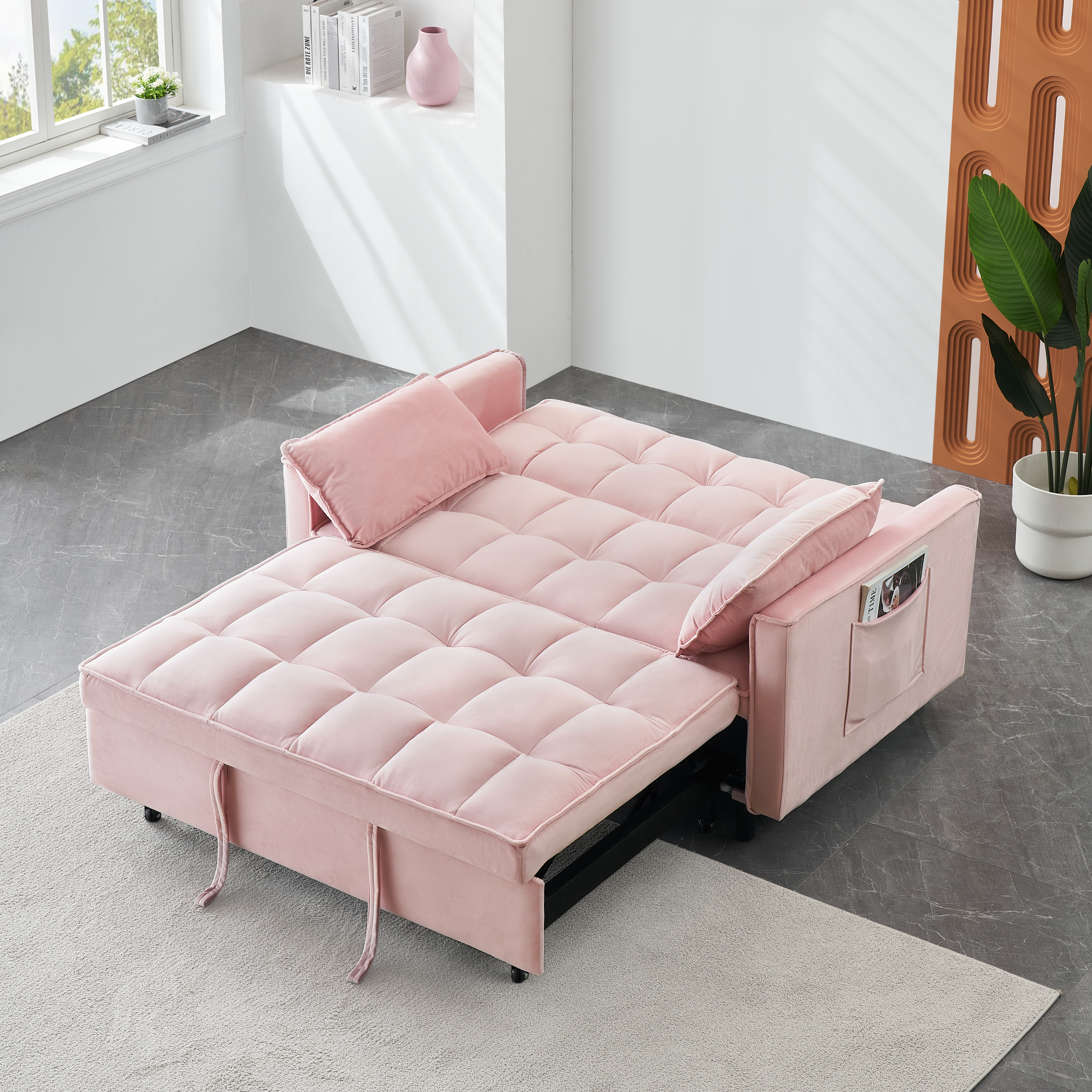 Sofa velours convertible 3-en-1 avec coussins et poches