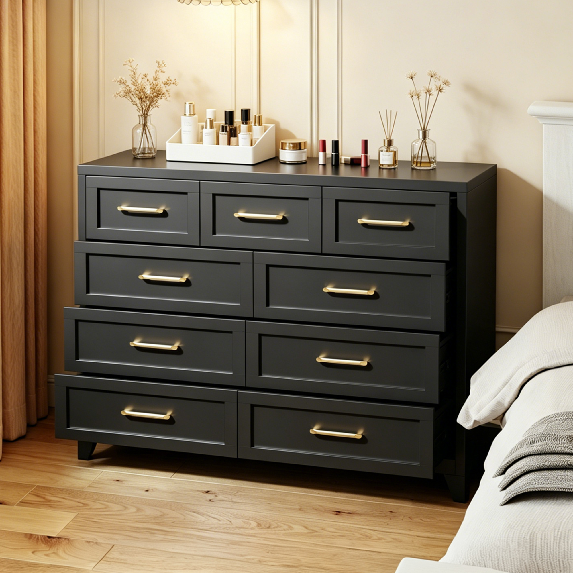Commode 9 tiroirs noir, métal, design 5 pieds moderne
