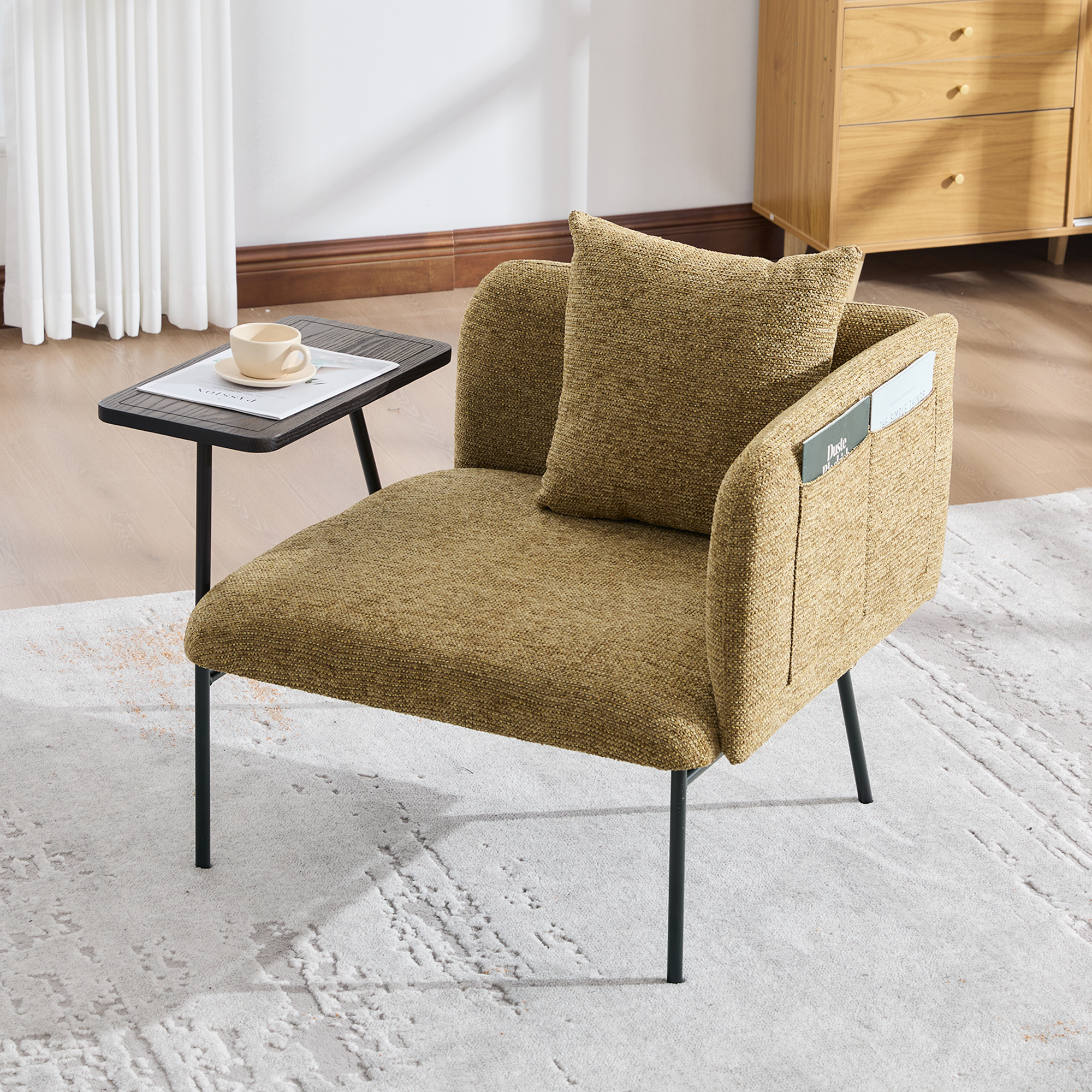 Fauteuil de détente avec petite table et oreiller, jambes métal