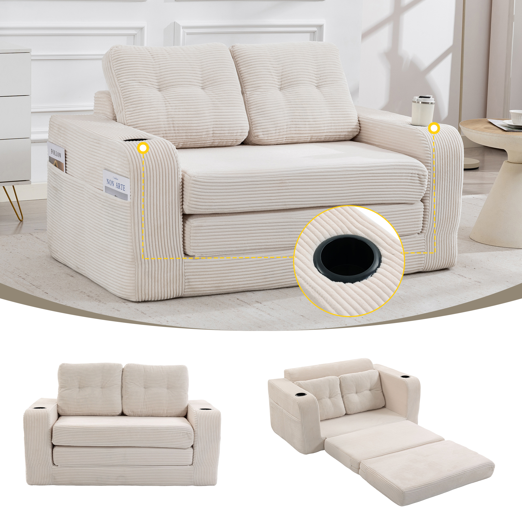 Sofa-lit convertible double, 2-en-1, oreillers