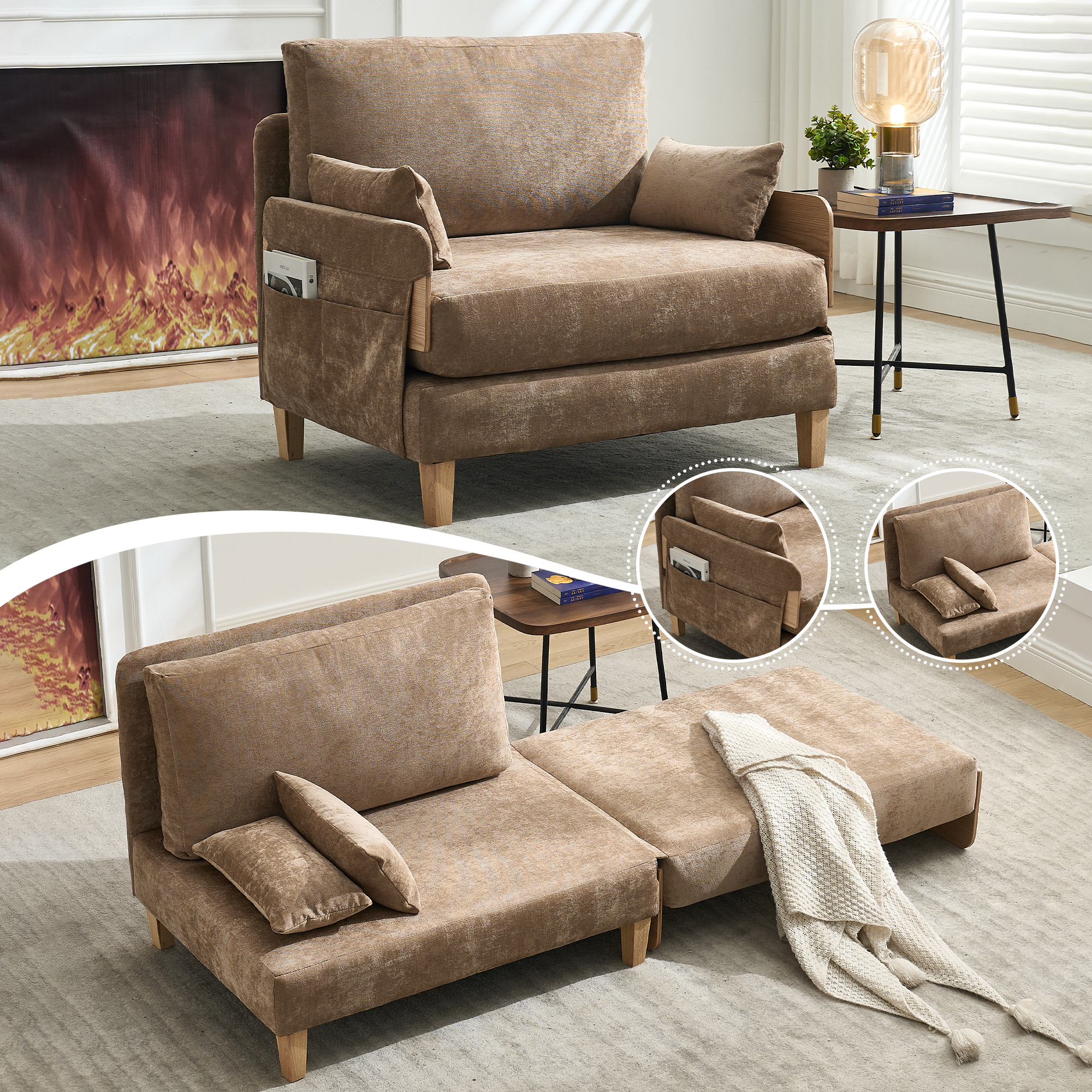 Canapé lit pliable inclinable 3-en-1, moderne, petit espace, 3 coussins