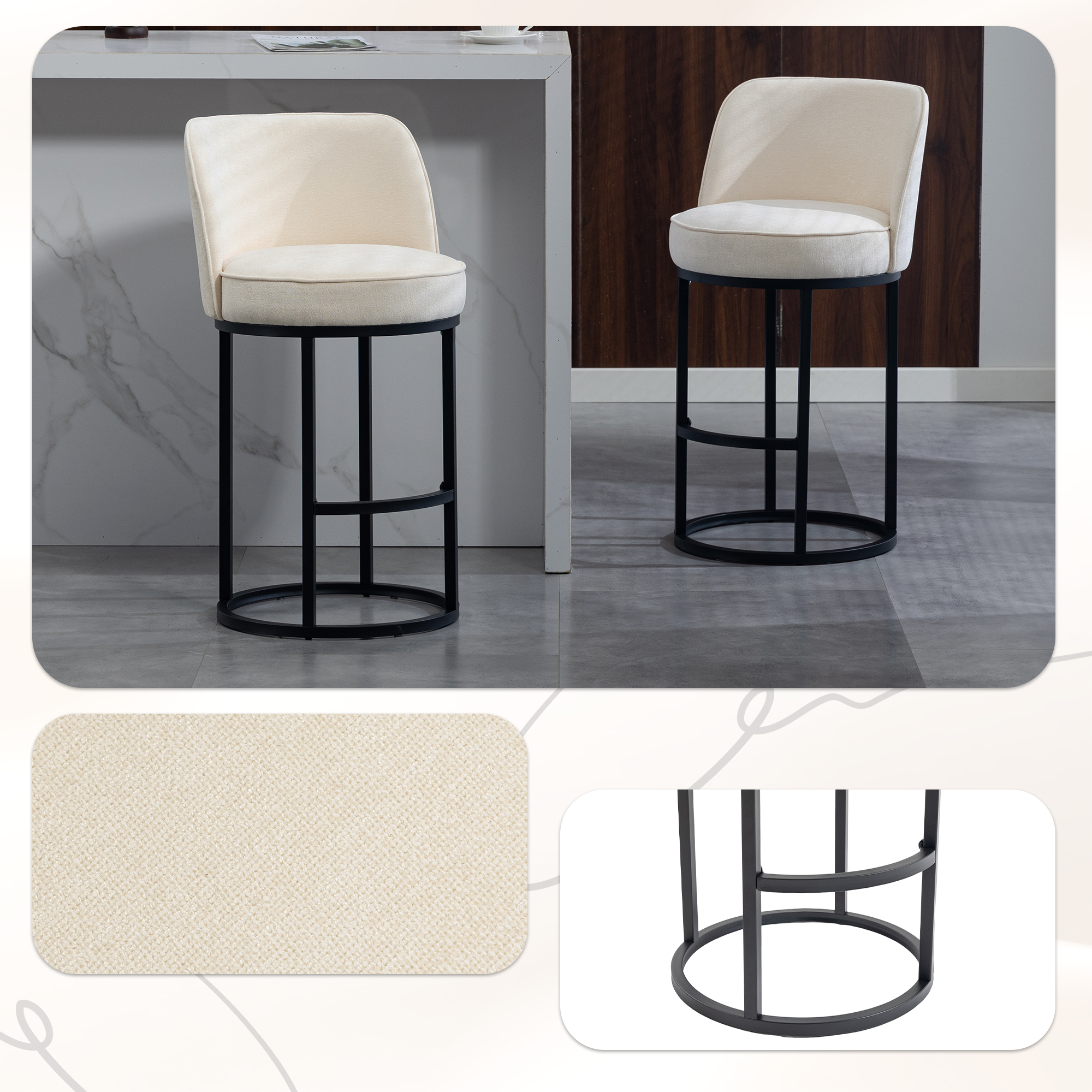 Ensemble 2 tabourets comptoir hauteur dossier tissu lin moderne