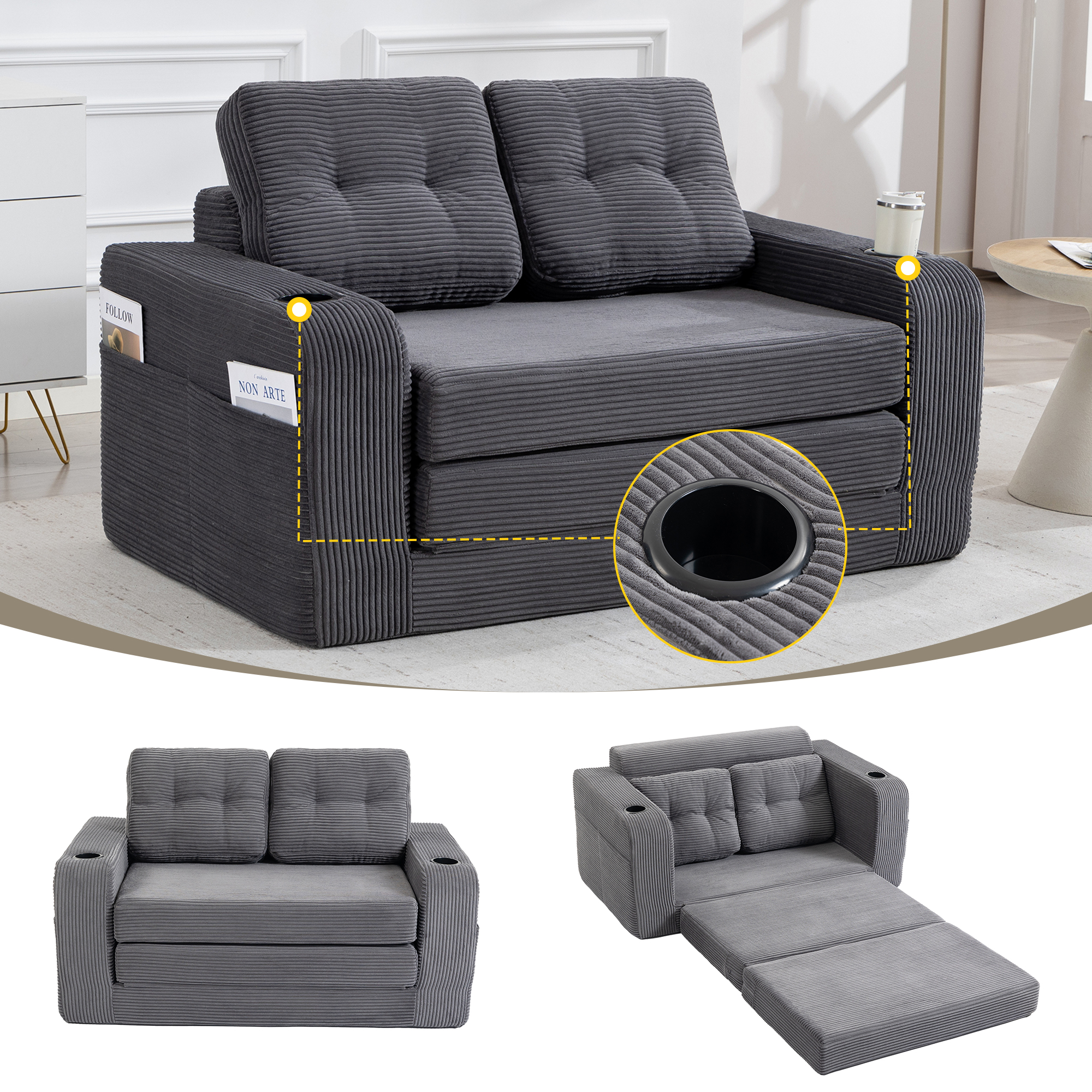 Canapé-lit convertible double, pliable, 2-en-1, coussins salon chambre
