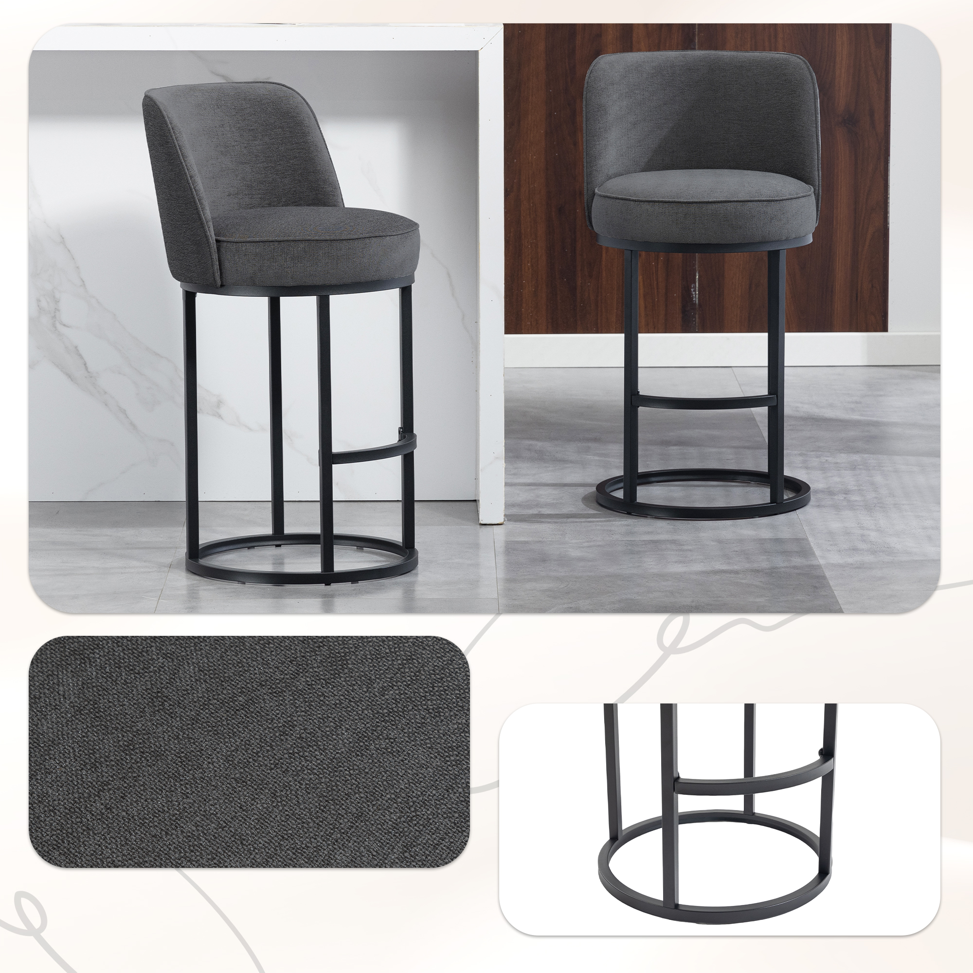2 Tabourets Bar Hauteur Comptoir Dossier Moderne Tissu