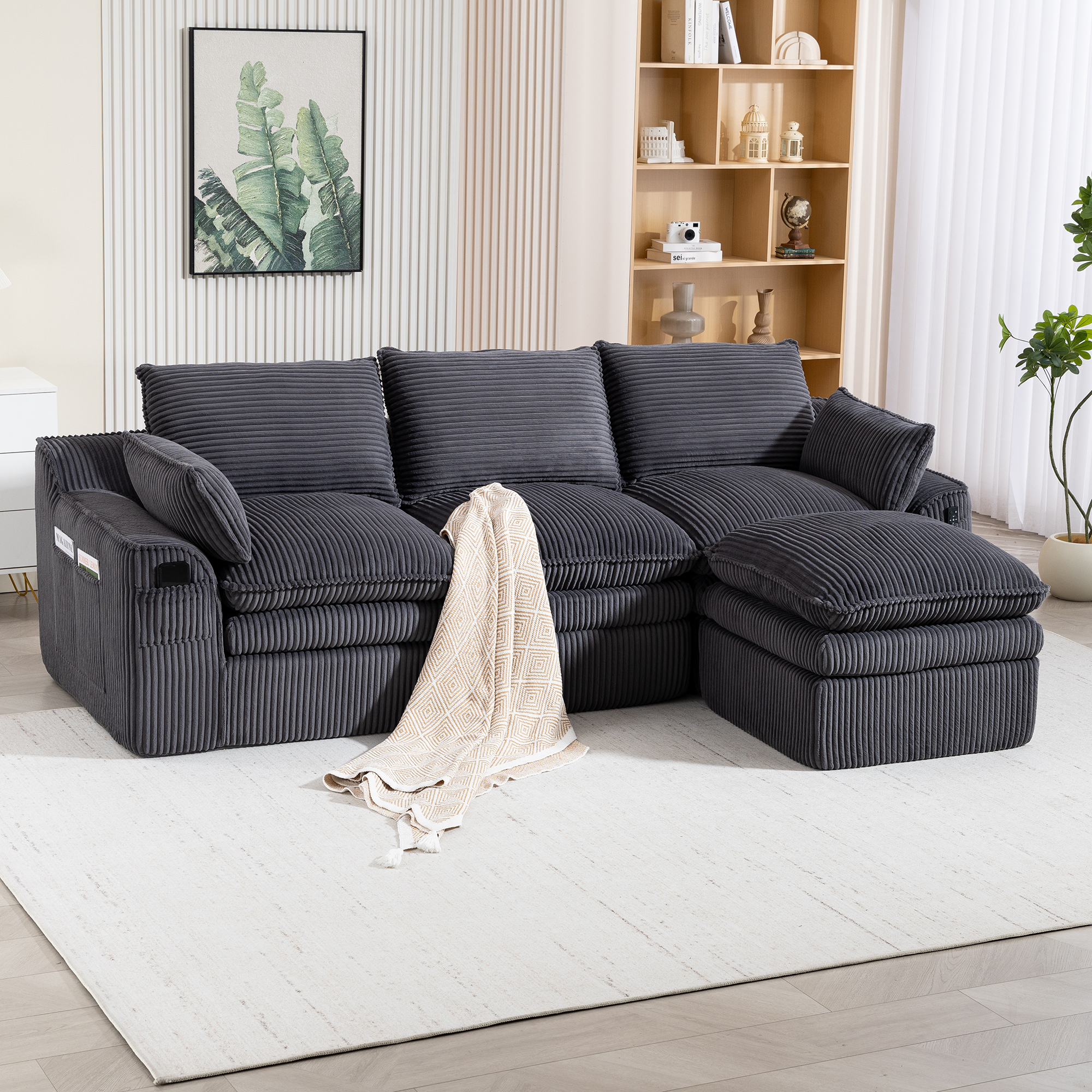 Canapé modulaire L corduroy repose-pieds mobile