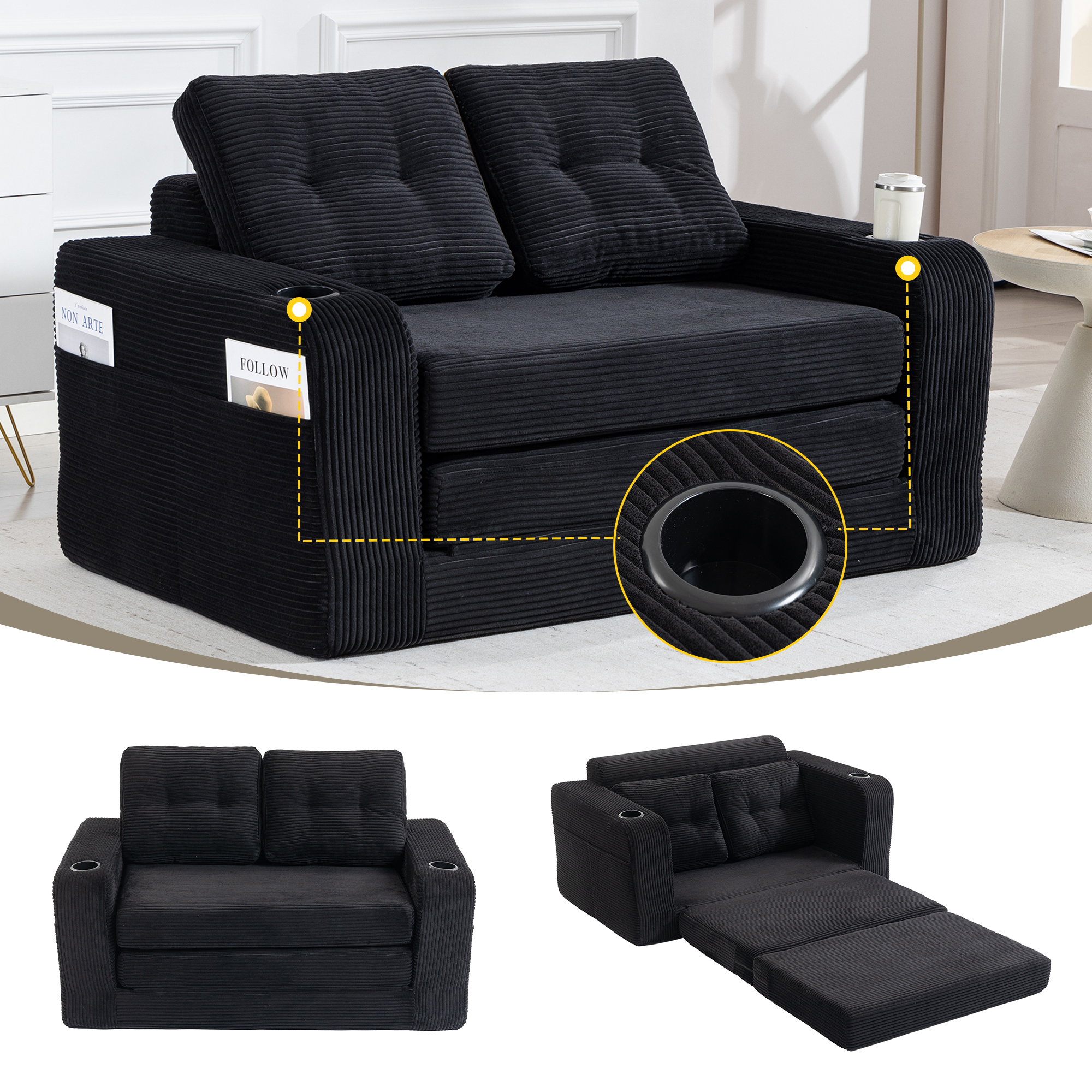 Canapé lit convertible double 2 en 1 coussins salon
