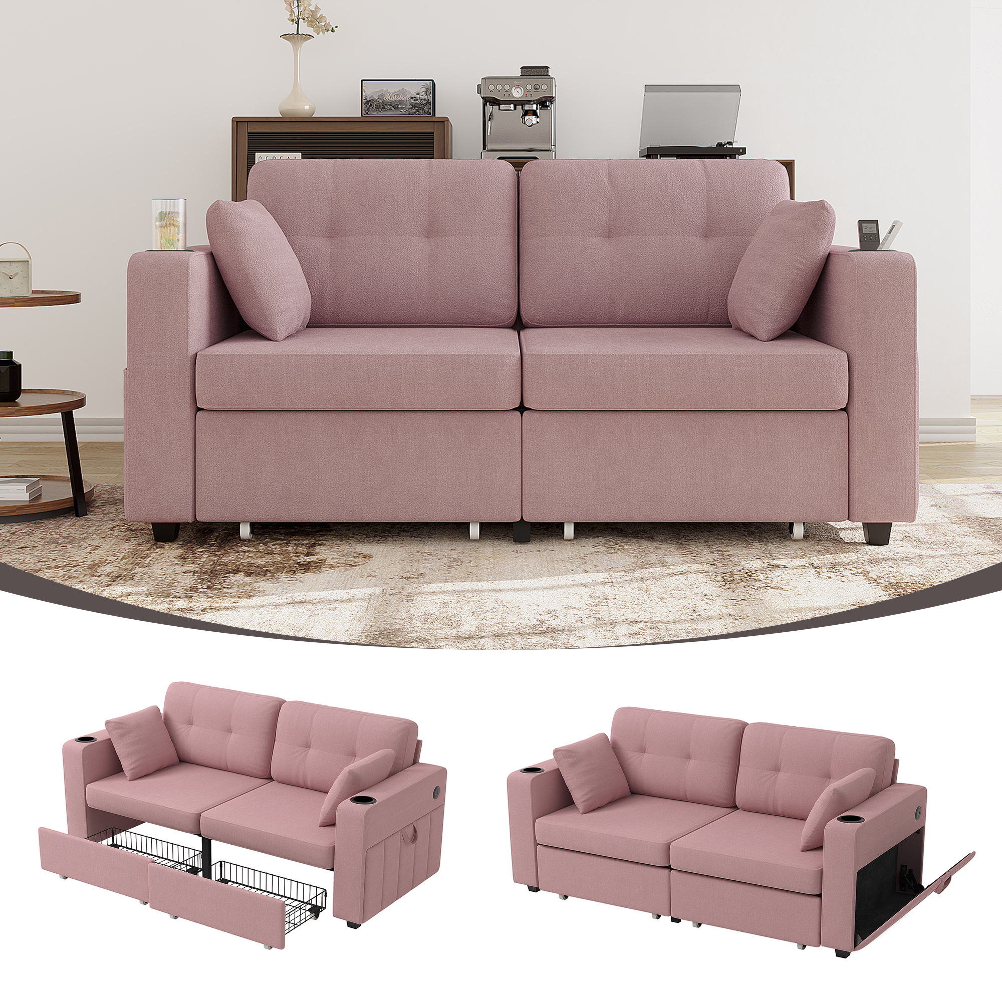 Canapé 3 places salon USB rangement cadre bois tissu chenille