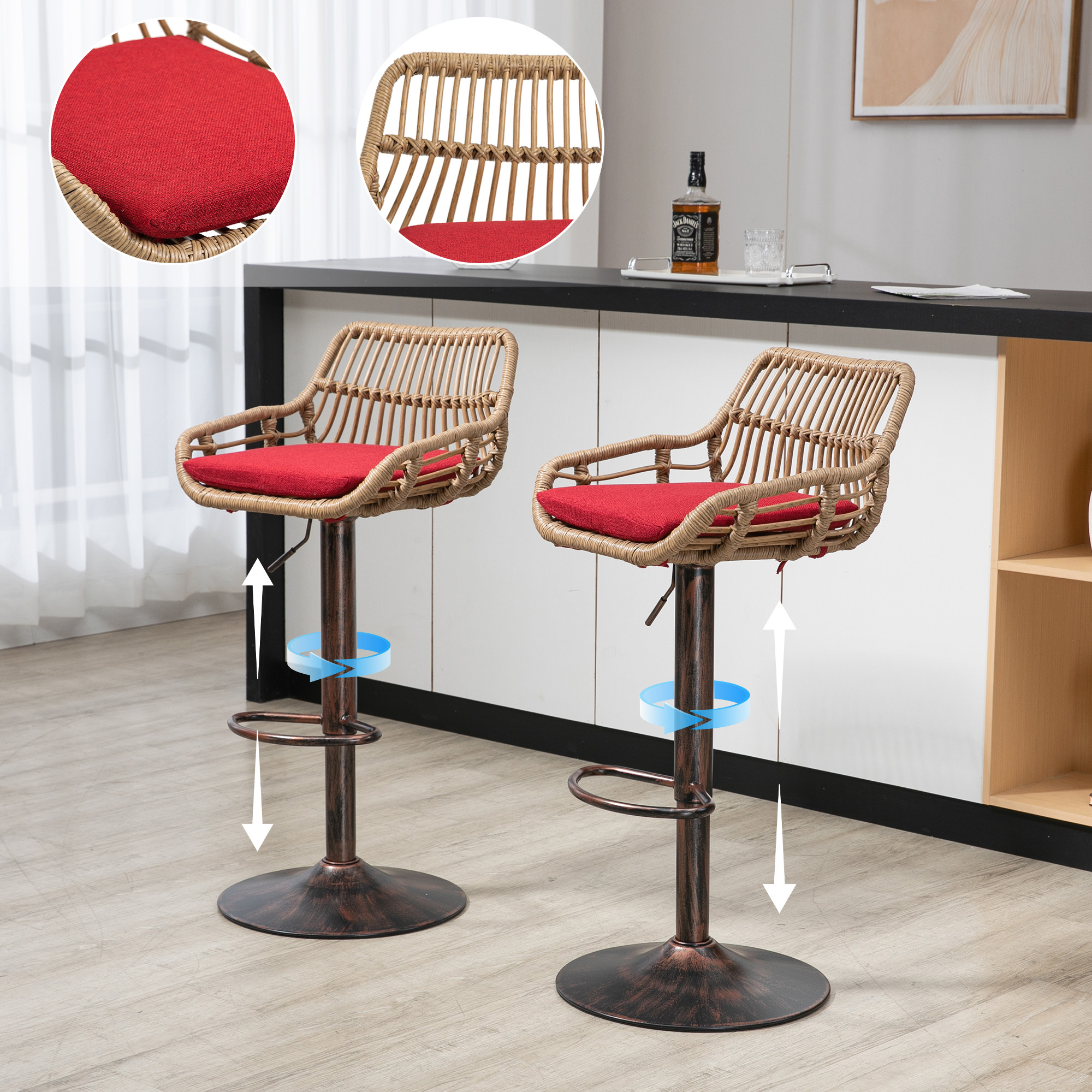 Tabourets bar pivotants lot de 2 ajustables, rouge
