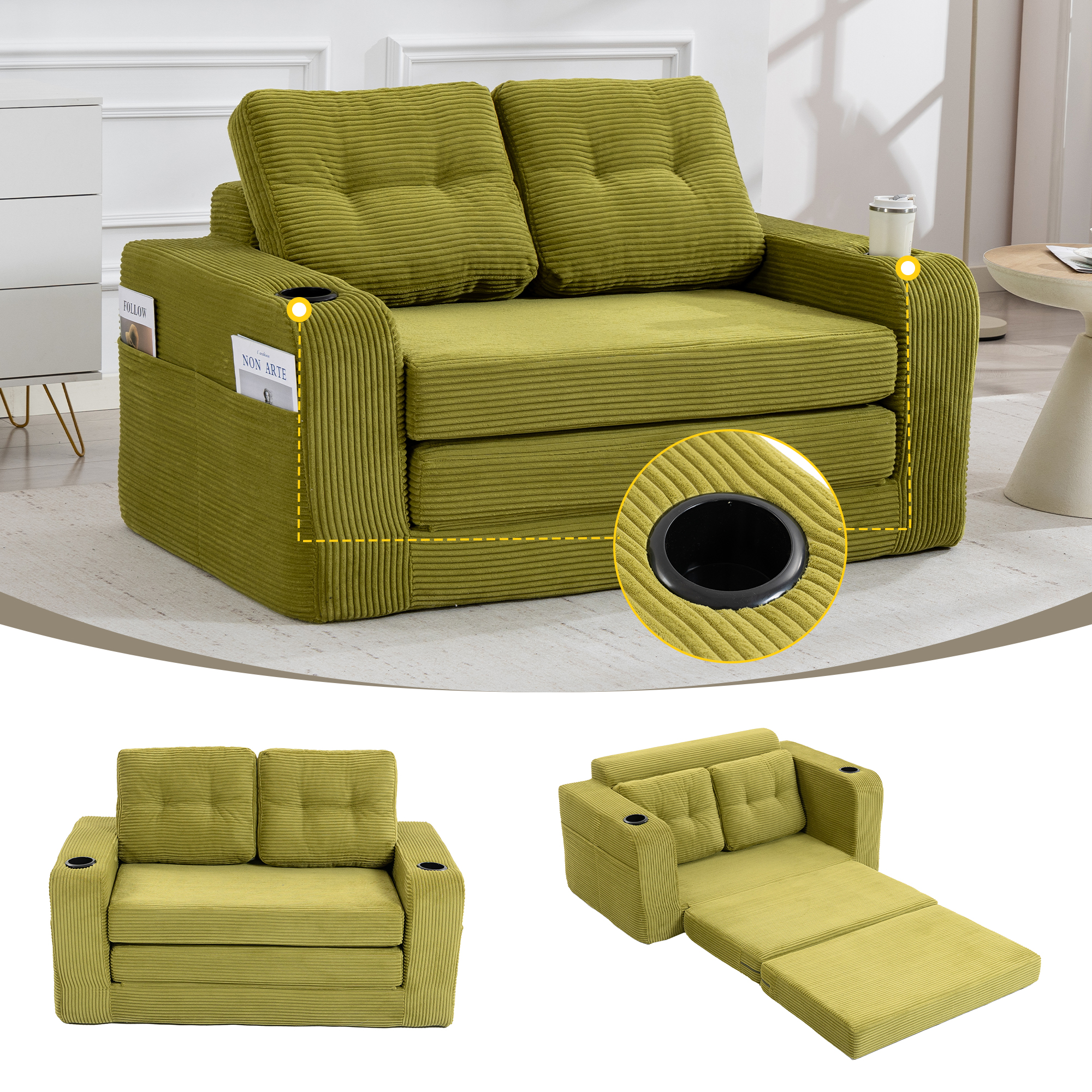 Canapé-lit convertible double pliable, 2-en-1, coussins salon chambre