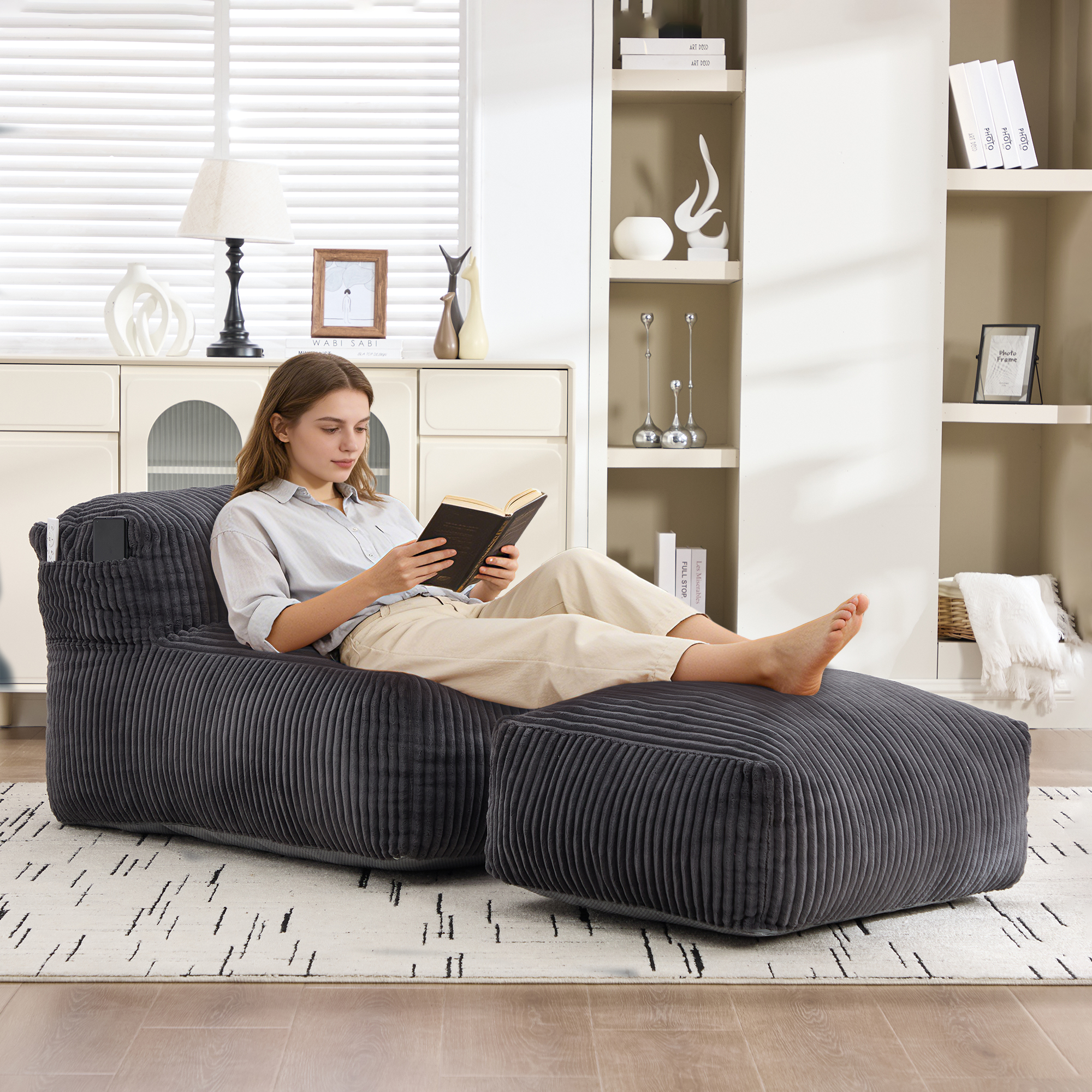 Grand pouf géant adulte mousse mémoire, gris cordon, ottoman ergonomique