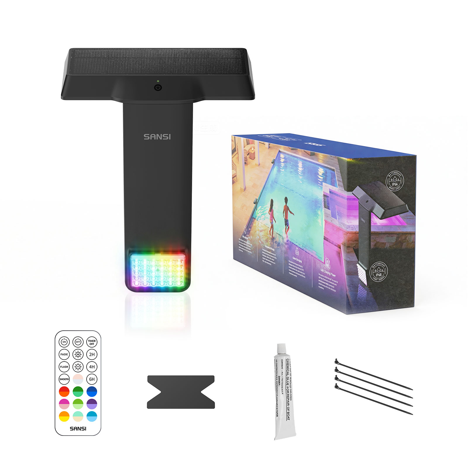 Lumière piscine RGB solaire SANSI IP68 télécommande rechargeable