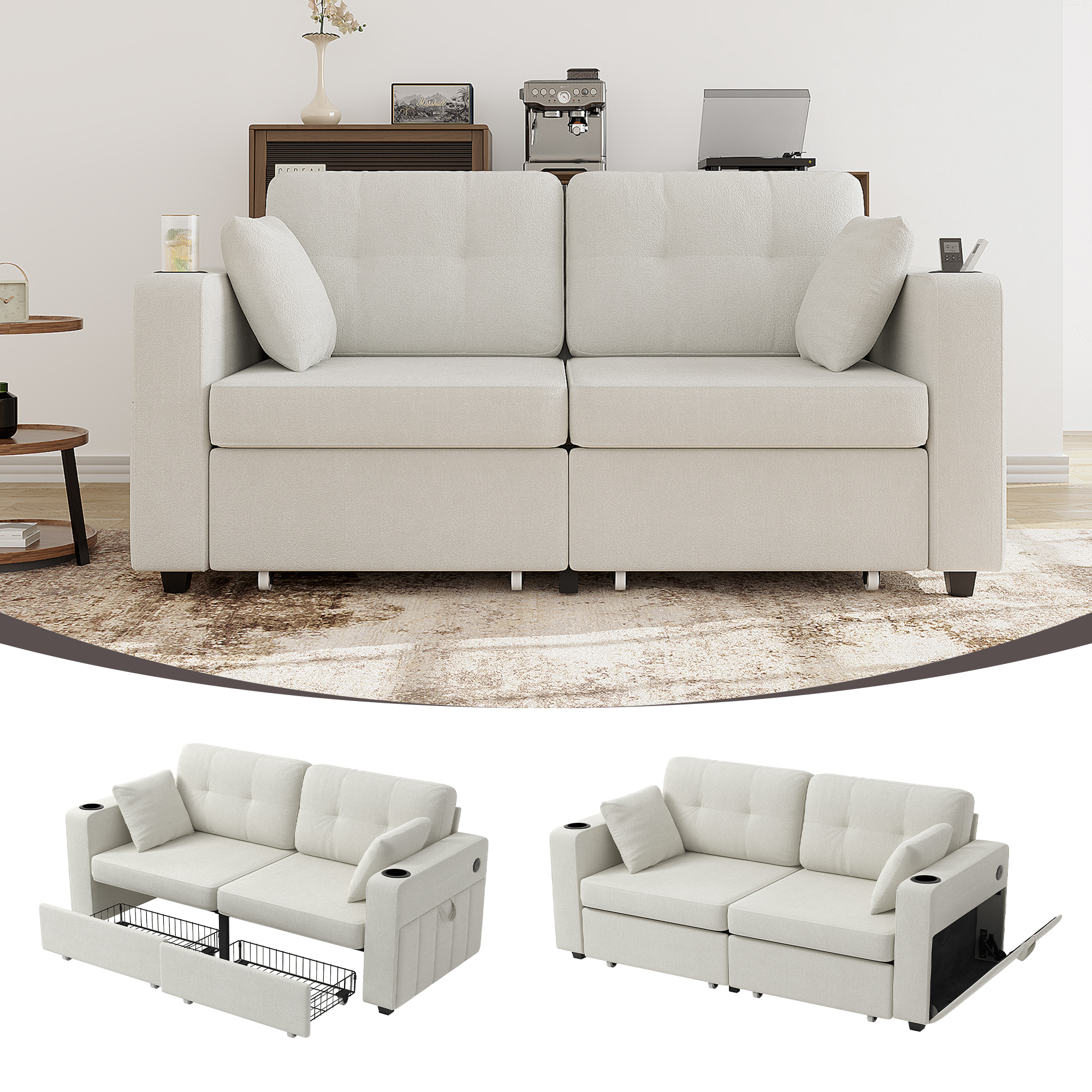 Canapé 3 places, USB, cadre bois, rangement, tissu chenille