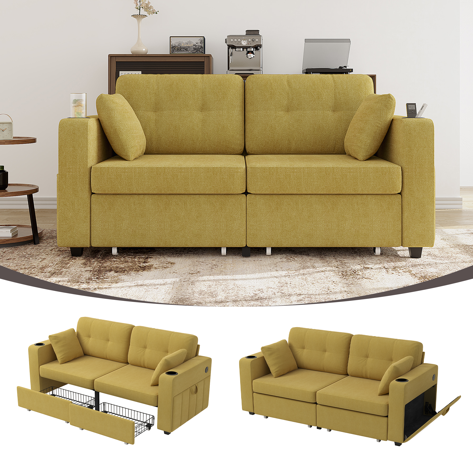 Sofa 3 places salon USB chargement cadre bois stockage