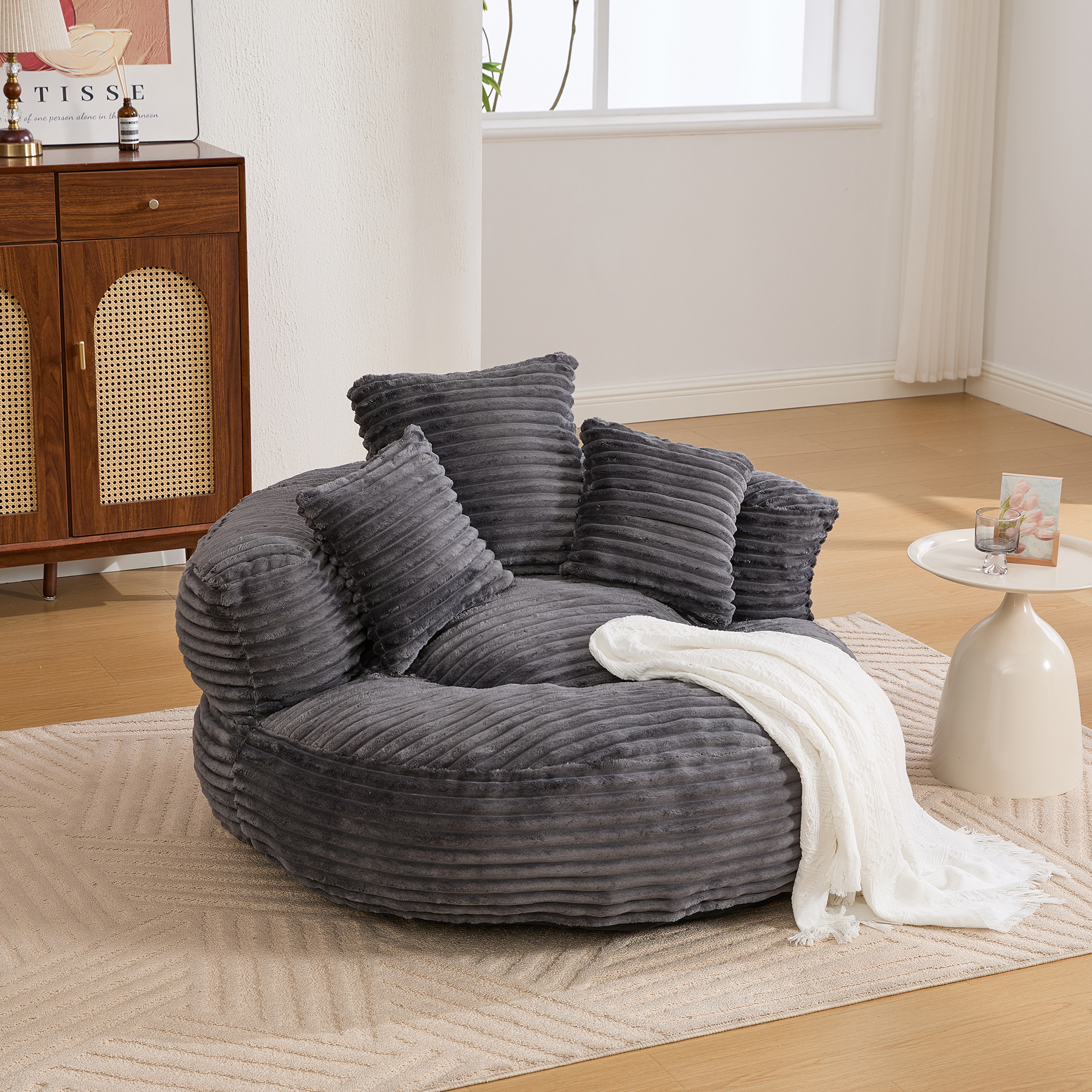 Pouf géant cordon 3 oreillers accoudoirs, mousse remplissage, chambre/salon