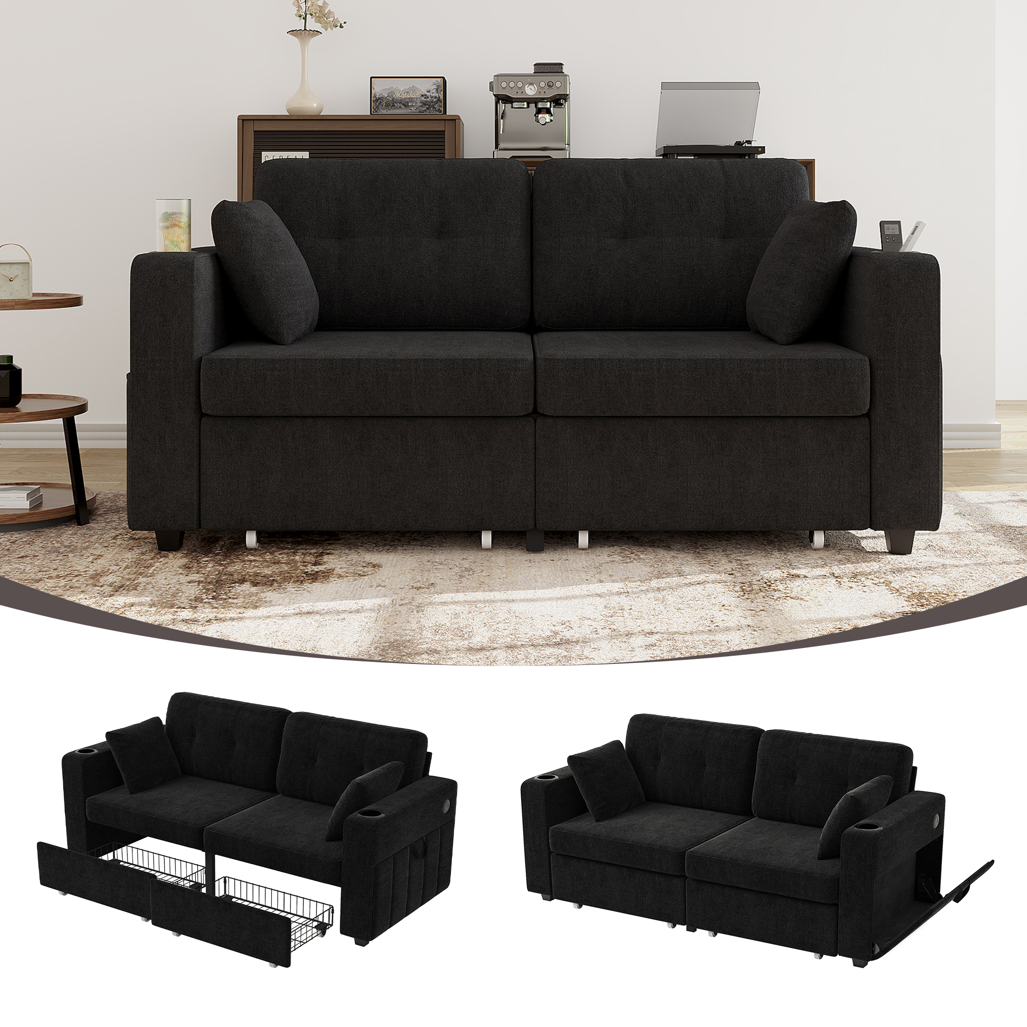 Sofa 3 places USB recharge rangement station moderne