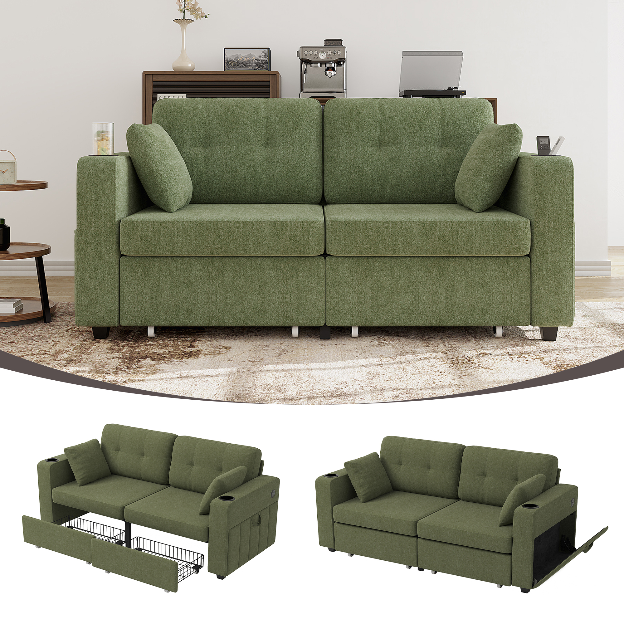 Canapé 3 places, USB, cadre bois, rangement, tissu chenille