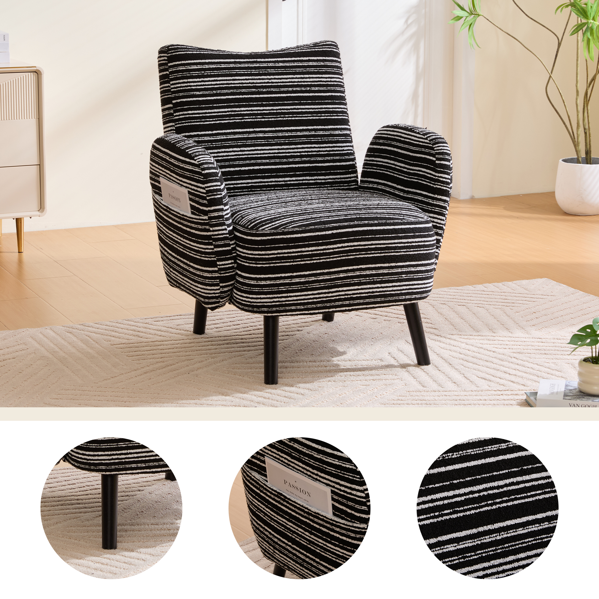 Fauteuil moderne tissu sablé, poche rangement, pieds bois, confortable