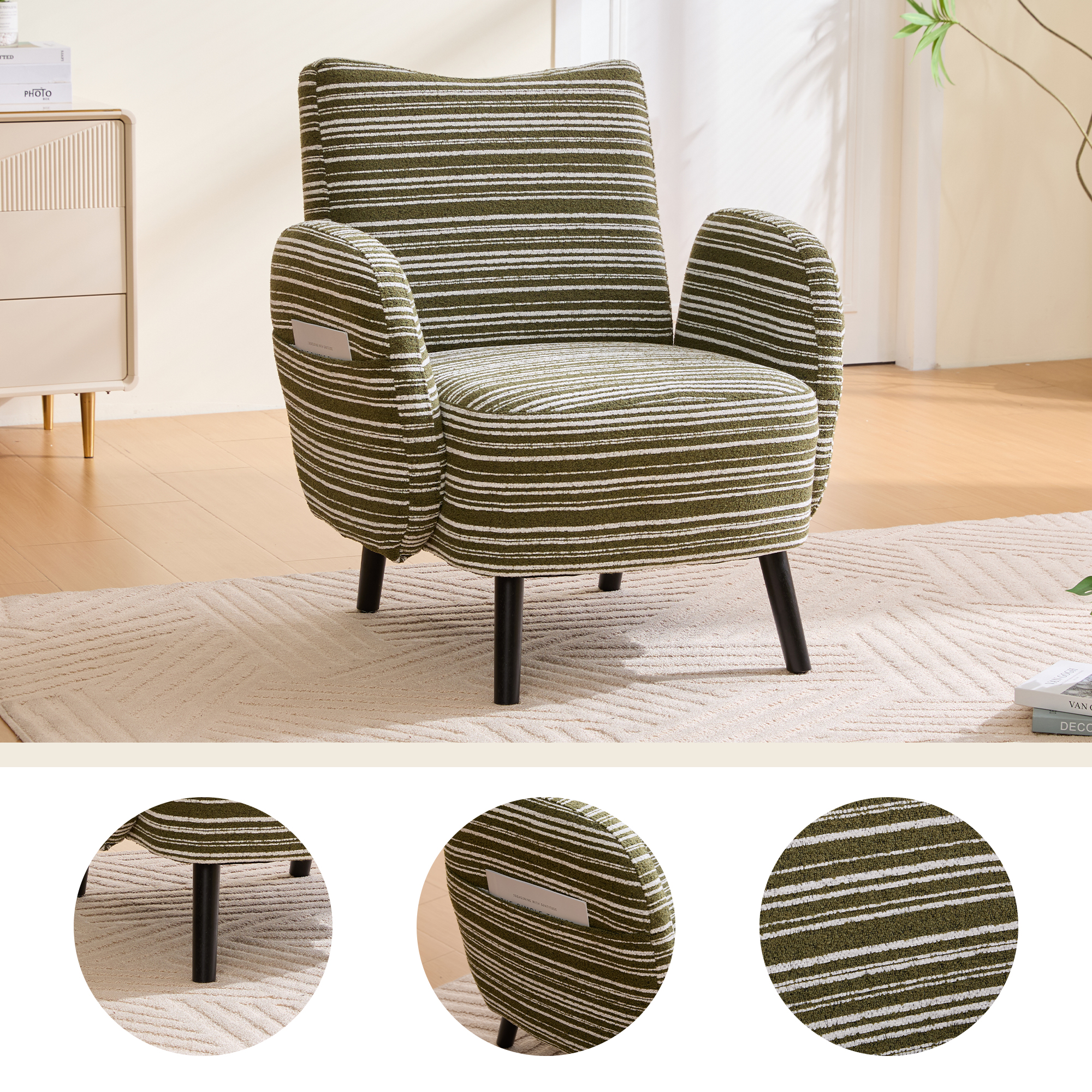 Fauteuil moderne tissu sablé, poche rangement, pieds bois, lecture confortable