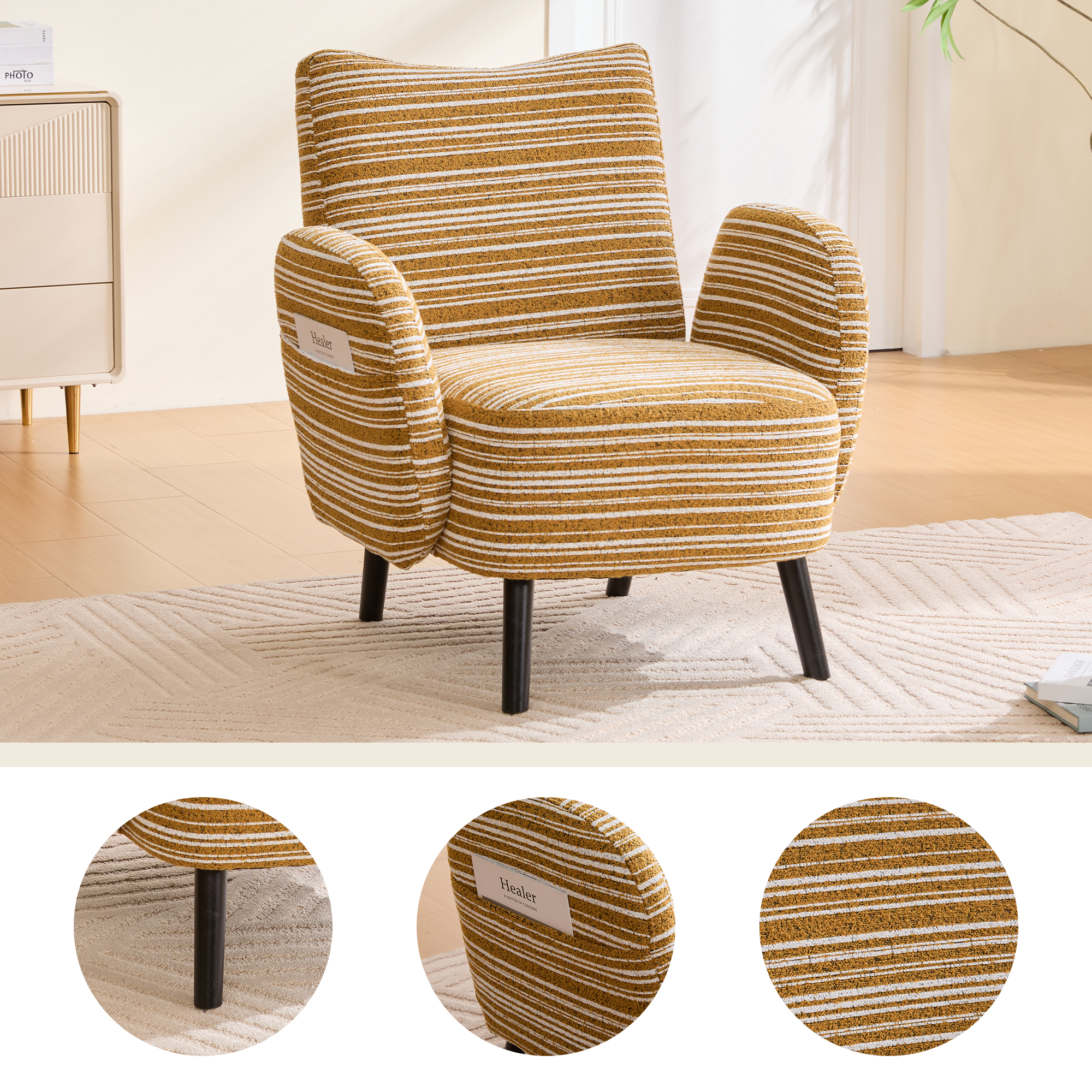 Fauteuil lecture bois tissu sablé poche rangement