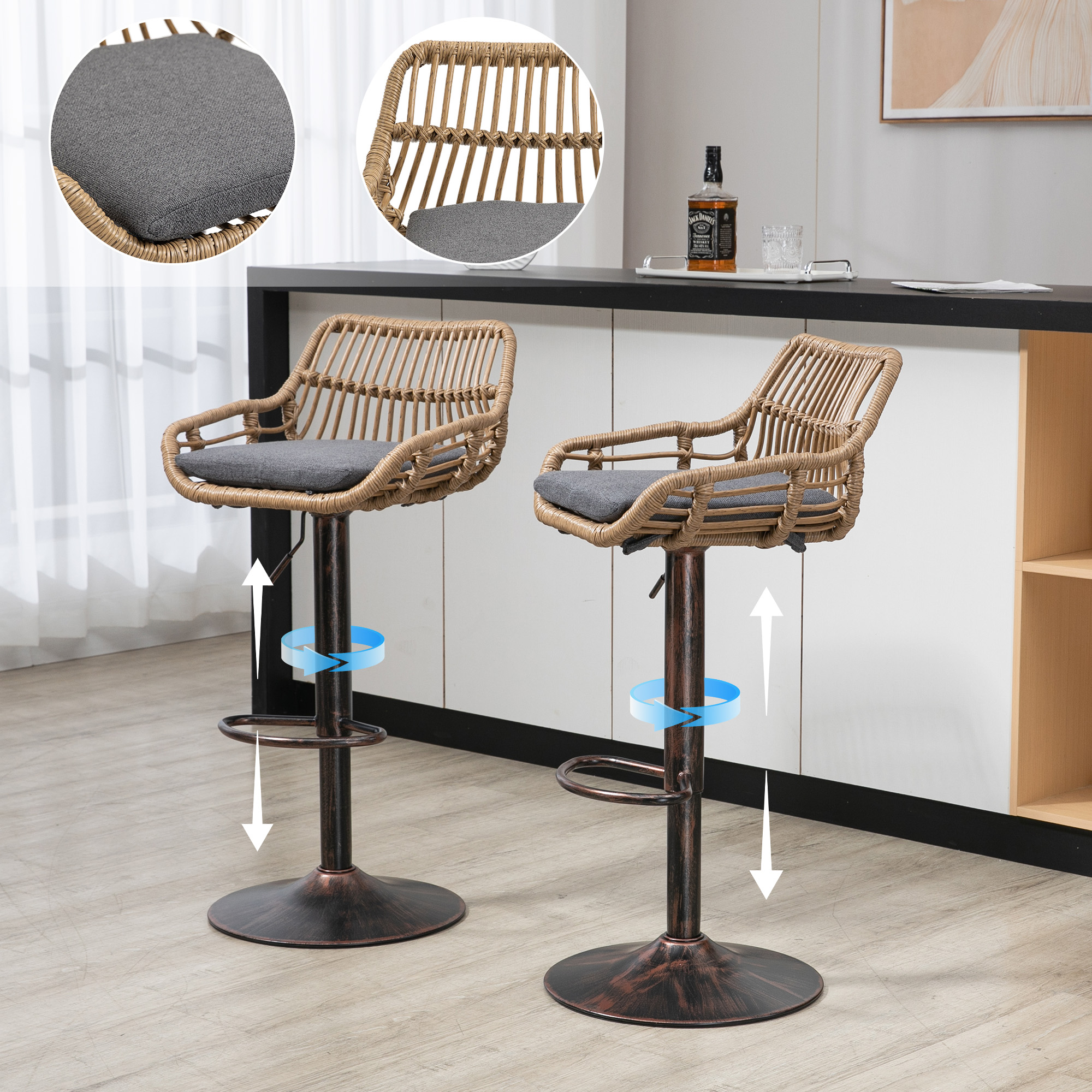 Tabourets bar pivotants 2x, hauteur comptoir, gris
