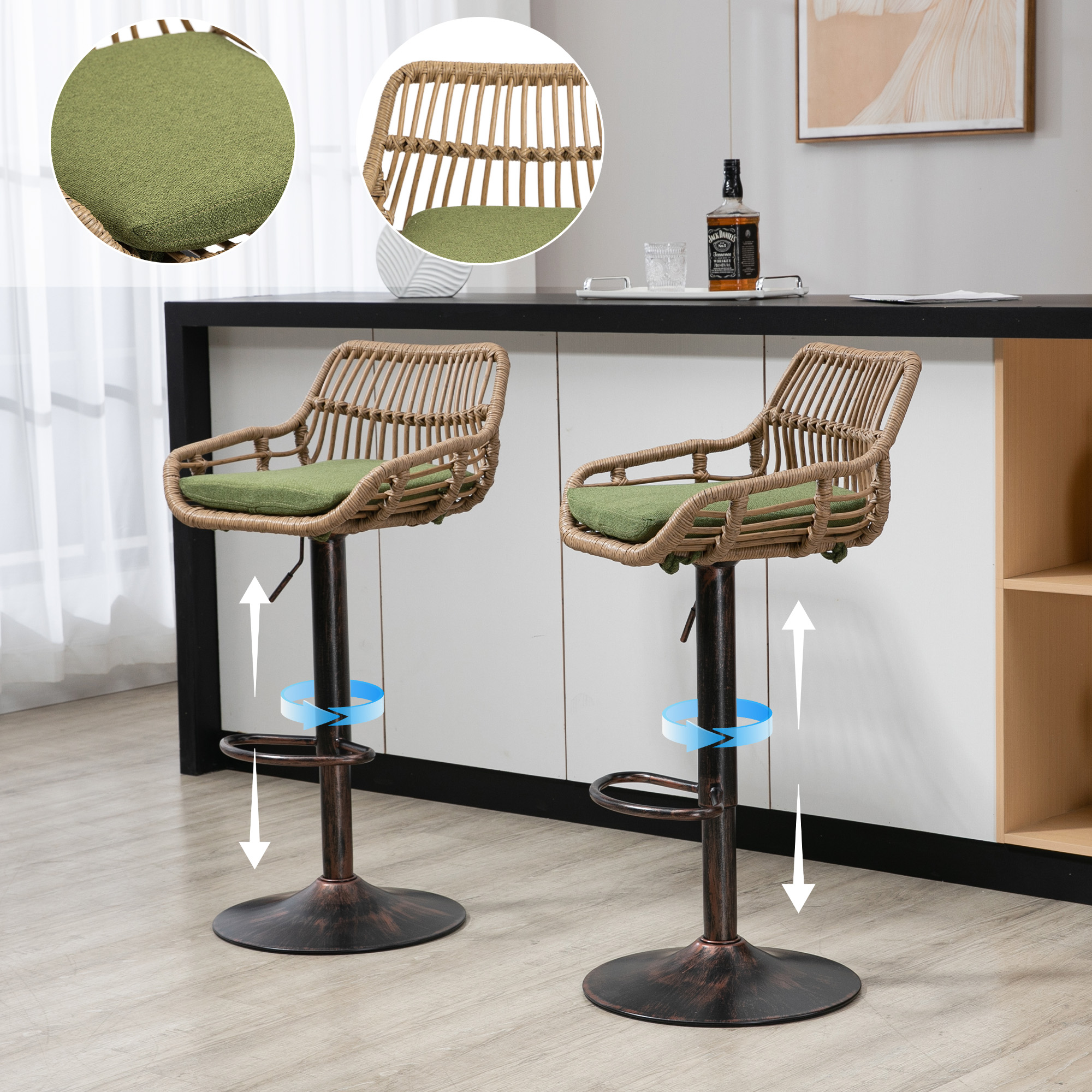 Tabourets bar swivel 2 pcs vert, hauteur réglable, repose-pied