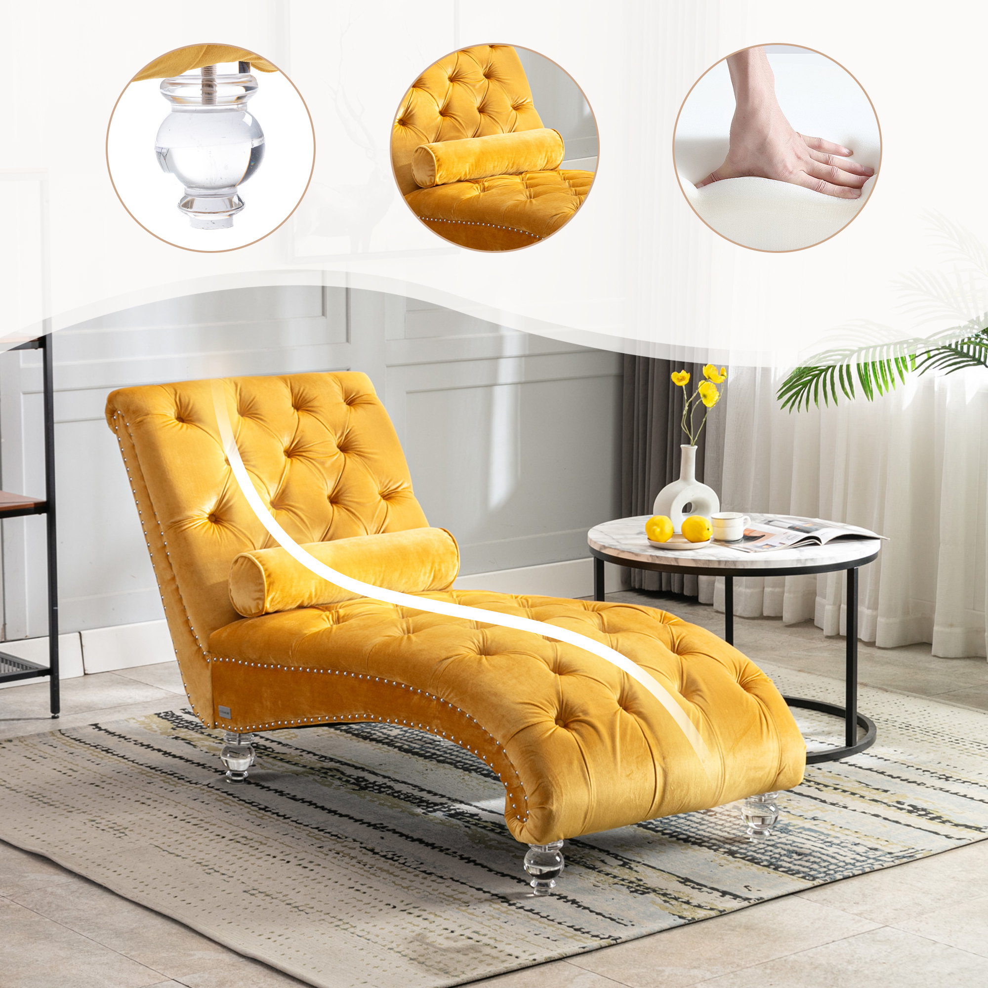 Chaise longue velours moutarde capitonnée, avec oreiller